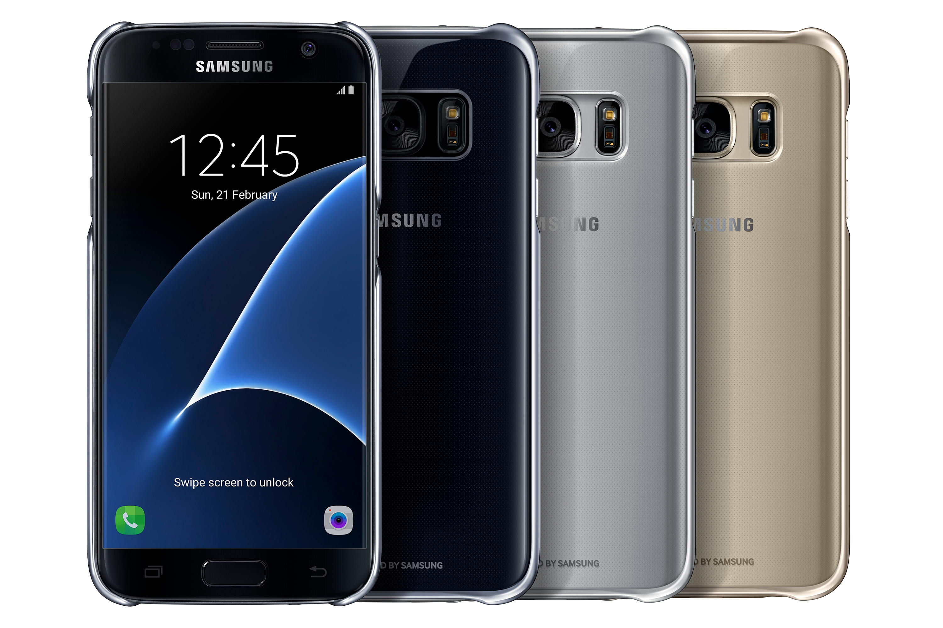 Quattro smartphone in custodie trasparenti. I telefoni sono di diversi colori con il logo Samsung.
