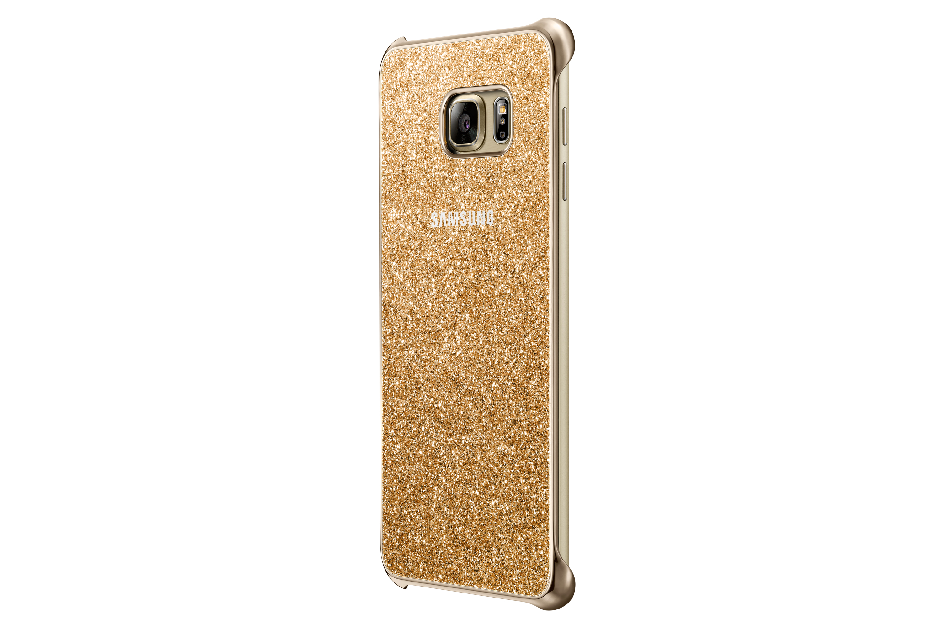 Una custodia per telefono con glitter dorati su sfondo bianco, che mostra il logo Samsung.