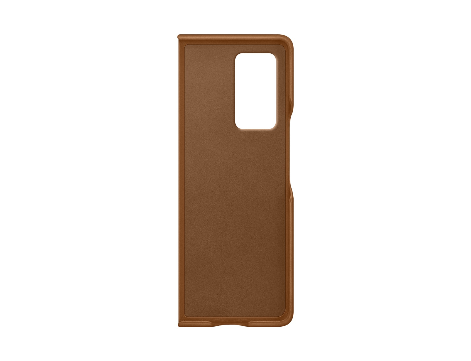 Étui de téléphone en cuir marron, montrant l'arrière avec découpe de caméra, sur fond blanc.