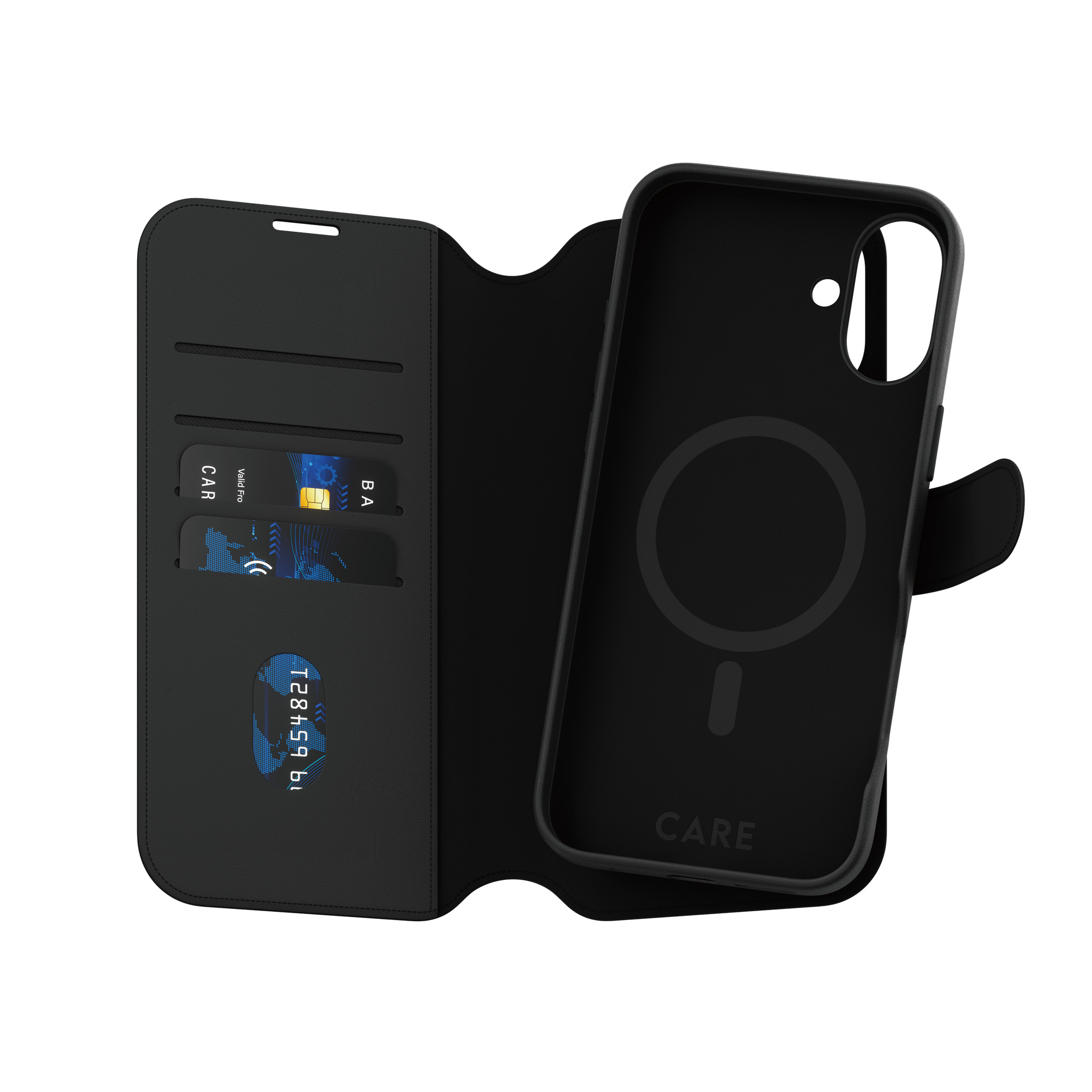 Custodia per telefono nera con fessure per carte e carte. Materiale nero simile alla pelle. Alcune carte sono visibili.
