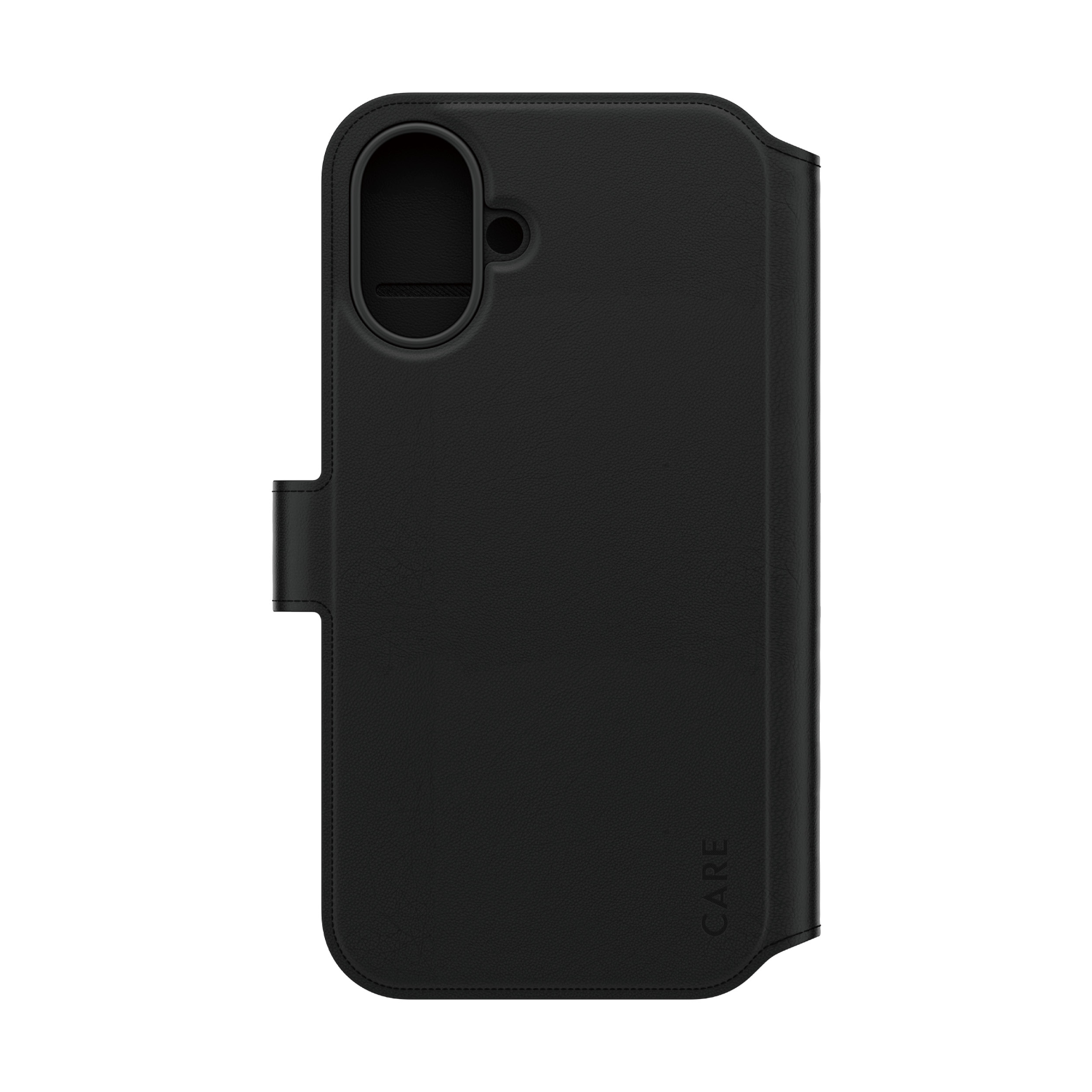 Custodia nera per telefono. La custodia copre la parte posteriore e i lati, ha un foro per la fotocamera.