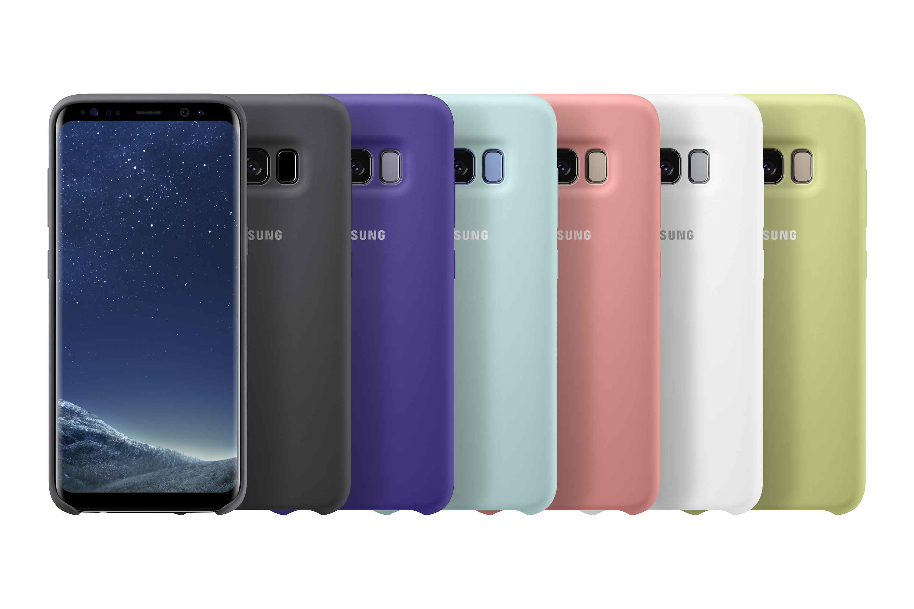 Sei telefoni in diversi colori. Lo schermo del primo telefono è acceso.