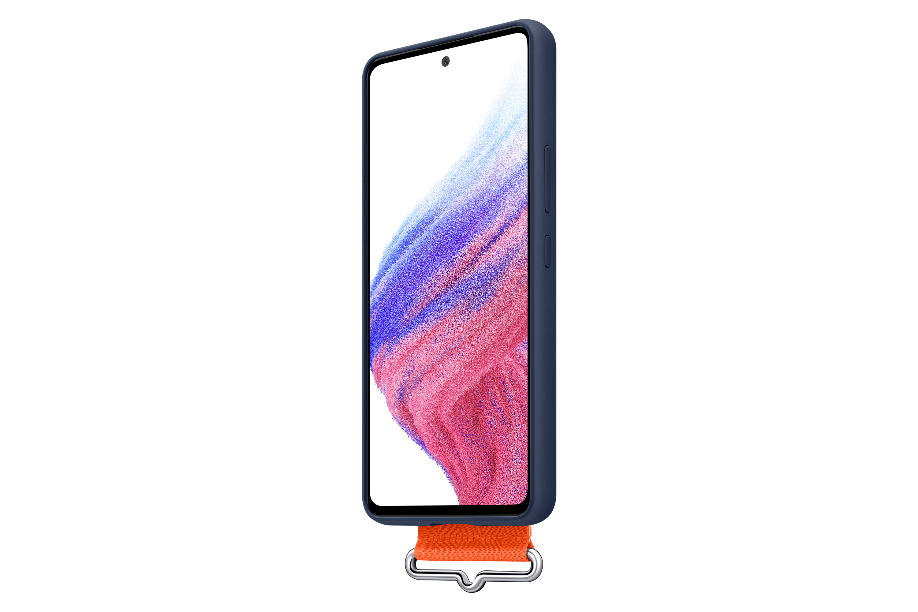Smartphone mit blauem Gehäuse und orangefarbenem Riemen vor weißem Hintergrund.