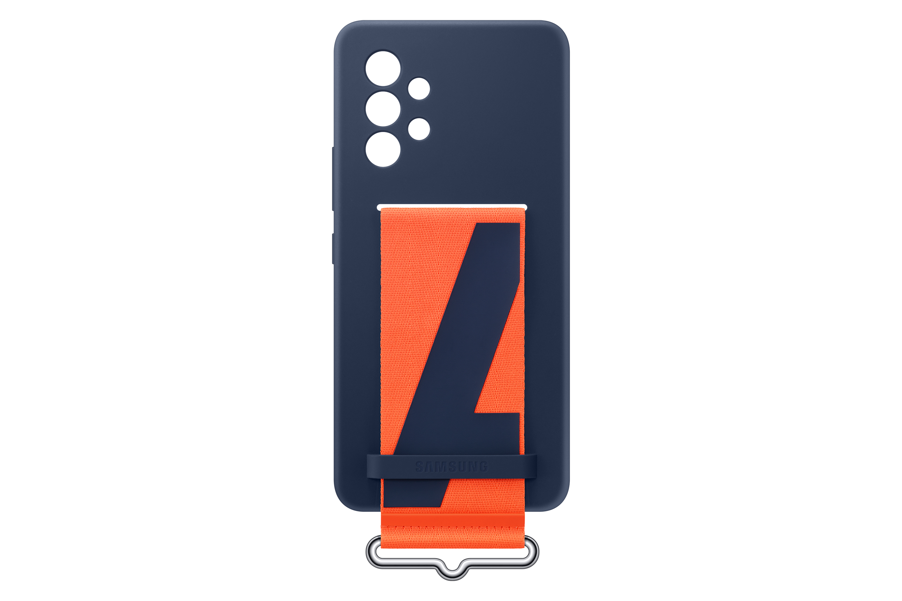 Blaue Handyhülle mit orangefarbenem Riemen. Der Riemen hat ein schwarz-orangenes Design.