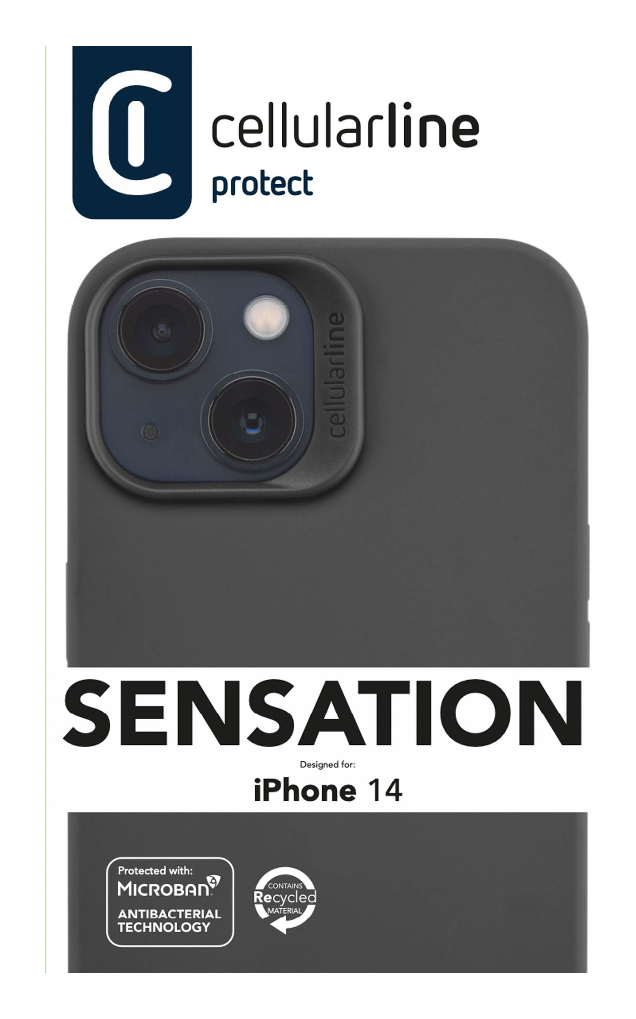 Una custodia per telefono con testo: SENSATION, iPhone 14. La custodia è grigia e il marchio è Cellularline.