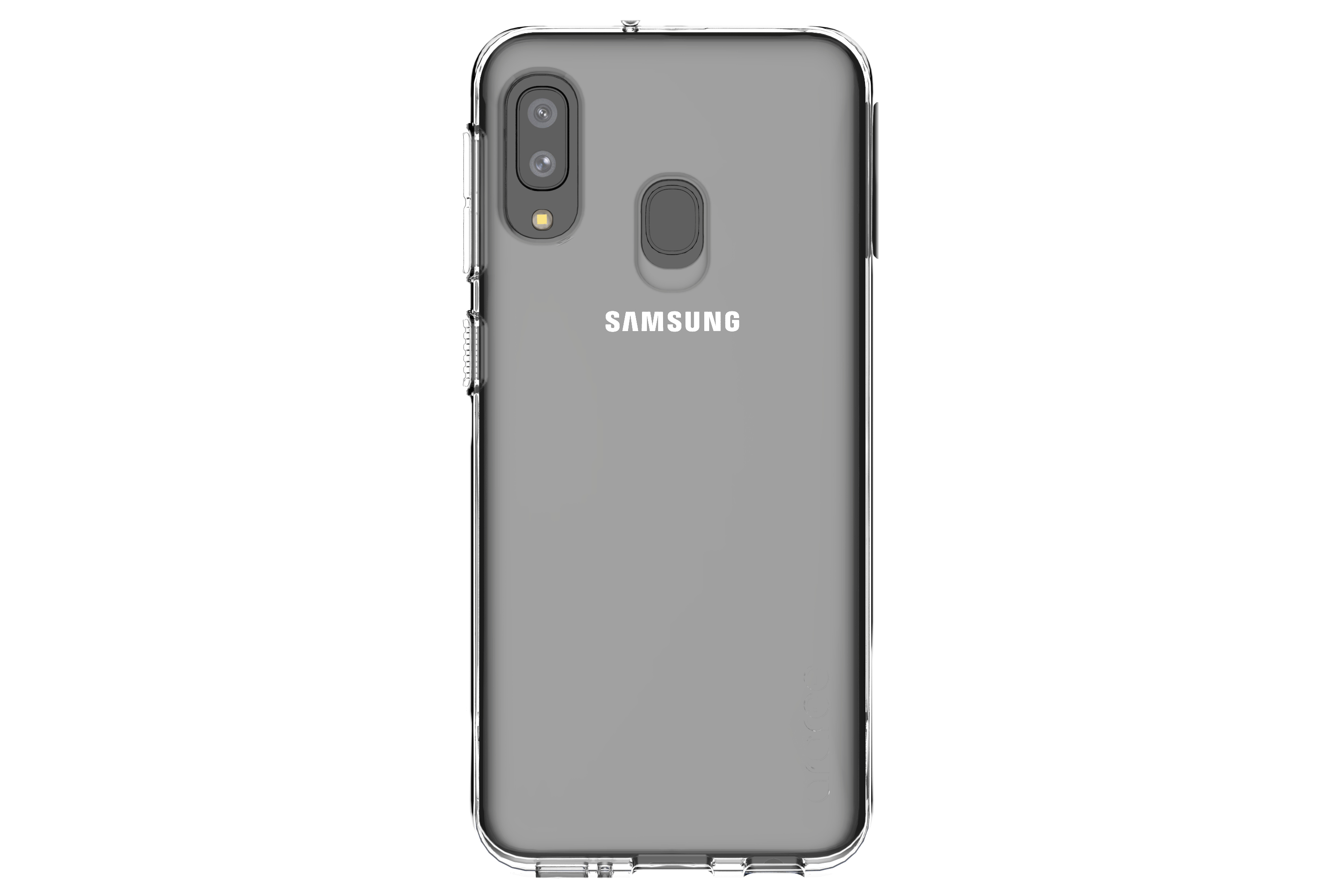 Die Rückseite eines grauen Samsung-Telefons in einer transparenten Hülle.