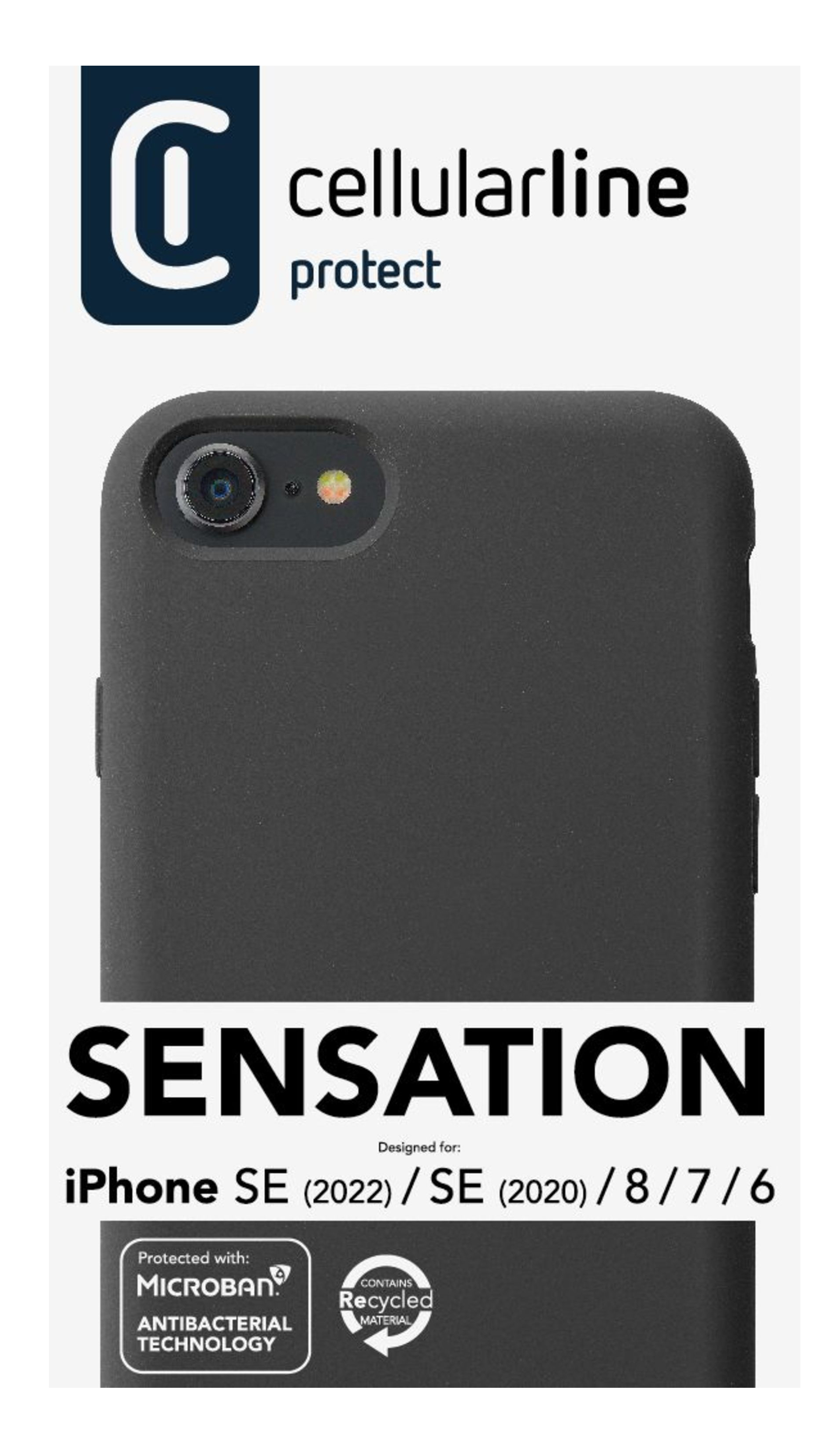 Custodia nera per telefono con logo e testo. Sfondo bianco. Per iPhone SE, c'è scritto SENSATION.
