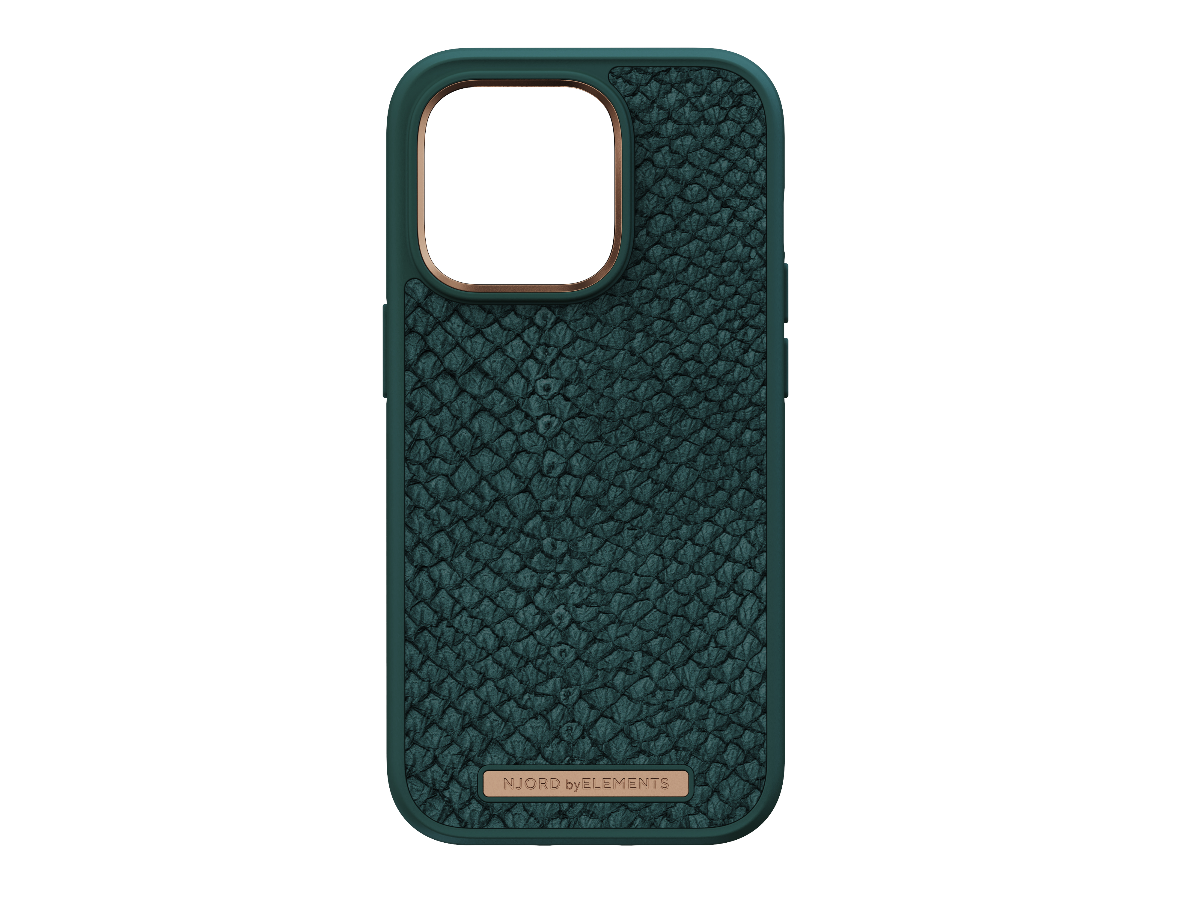 Custodia per telefono verde scuro con motivo strutturato, bordo dorato e logo su sfondo bianco.