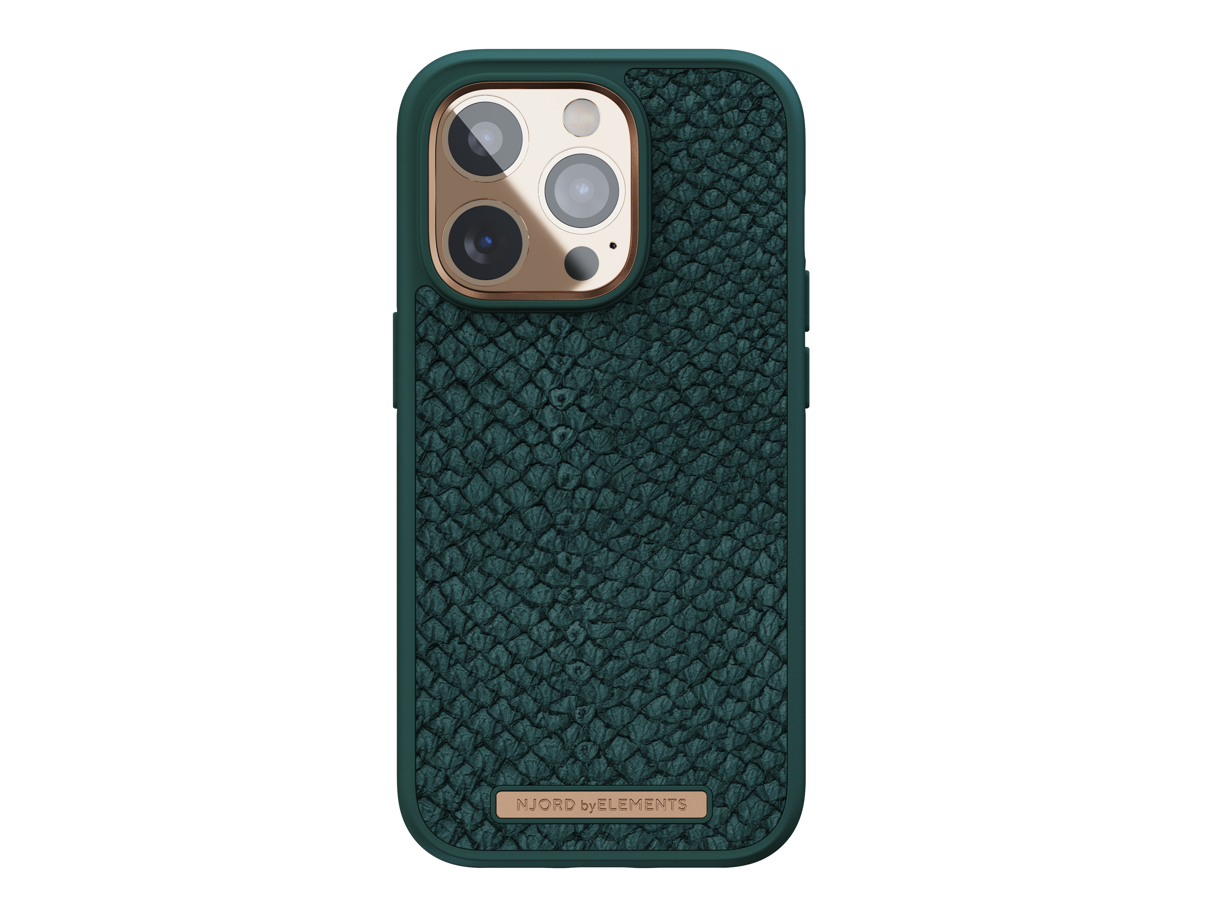 Custodia per telefono verde scuro. La custodia ha una trama a motivi, con un anello della fotocamera dorato.