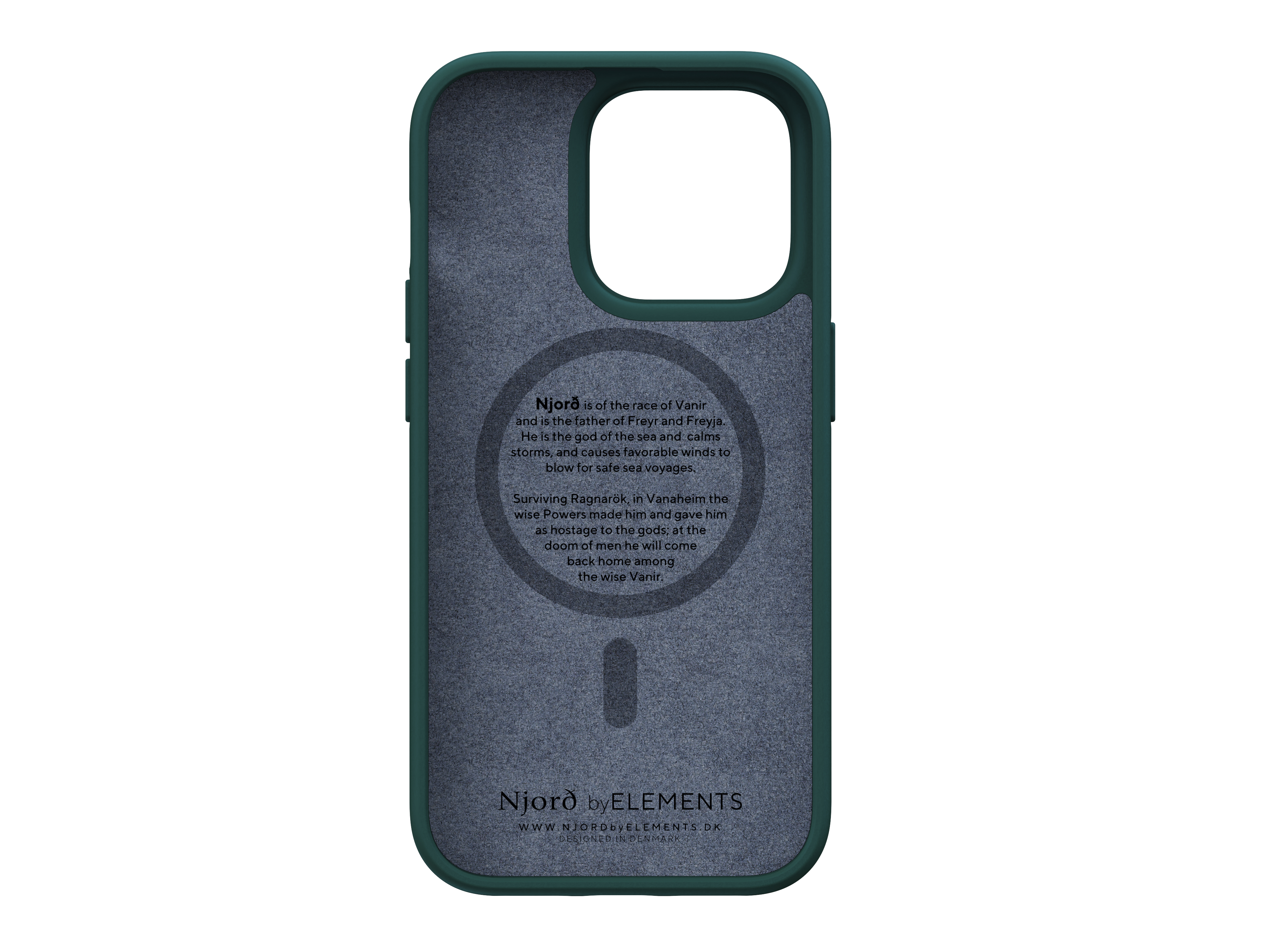 Custodia verde per telefono con testo e cerchio magnetico all'interno. Su sfondo bianco.