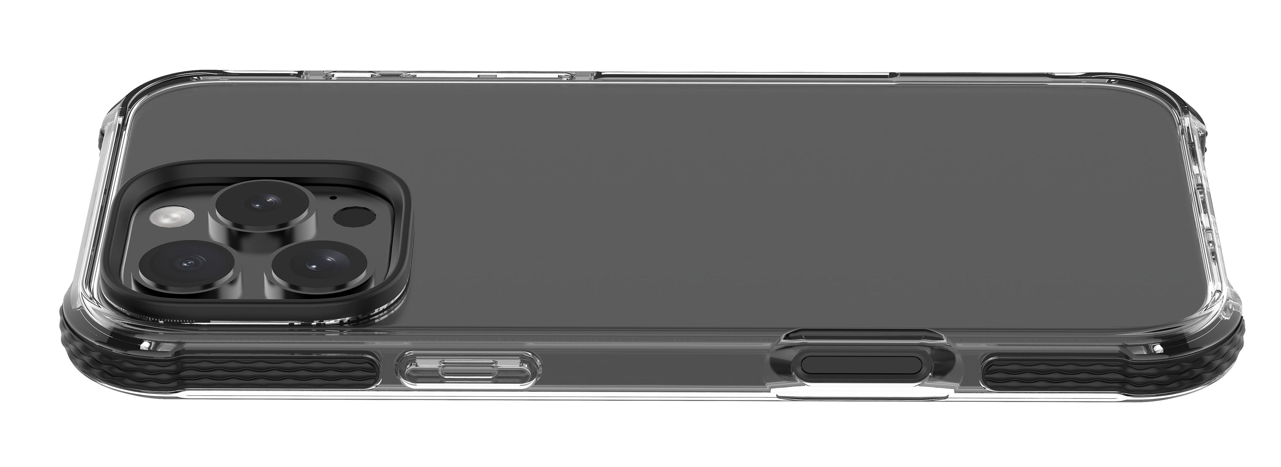 Coque de téléphone transparente avec pare-chocs noir sur fond blanc. Vue latérale, boutons et caméra.