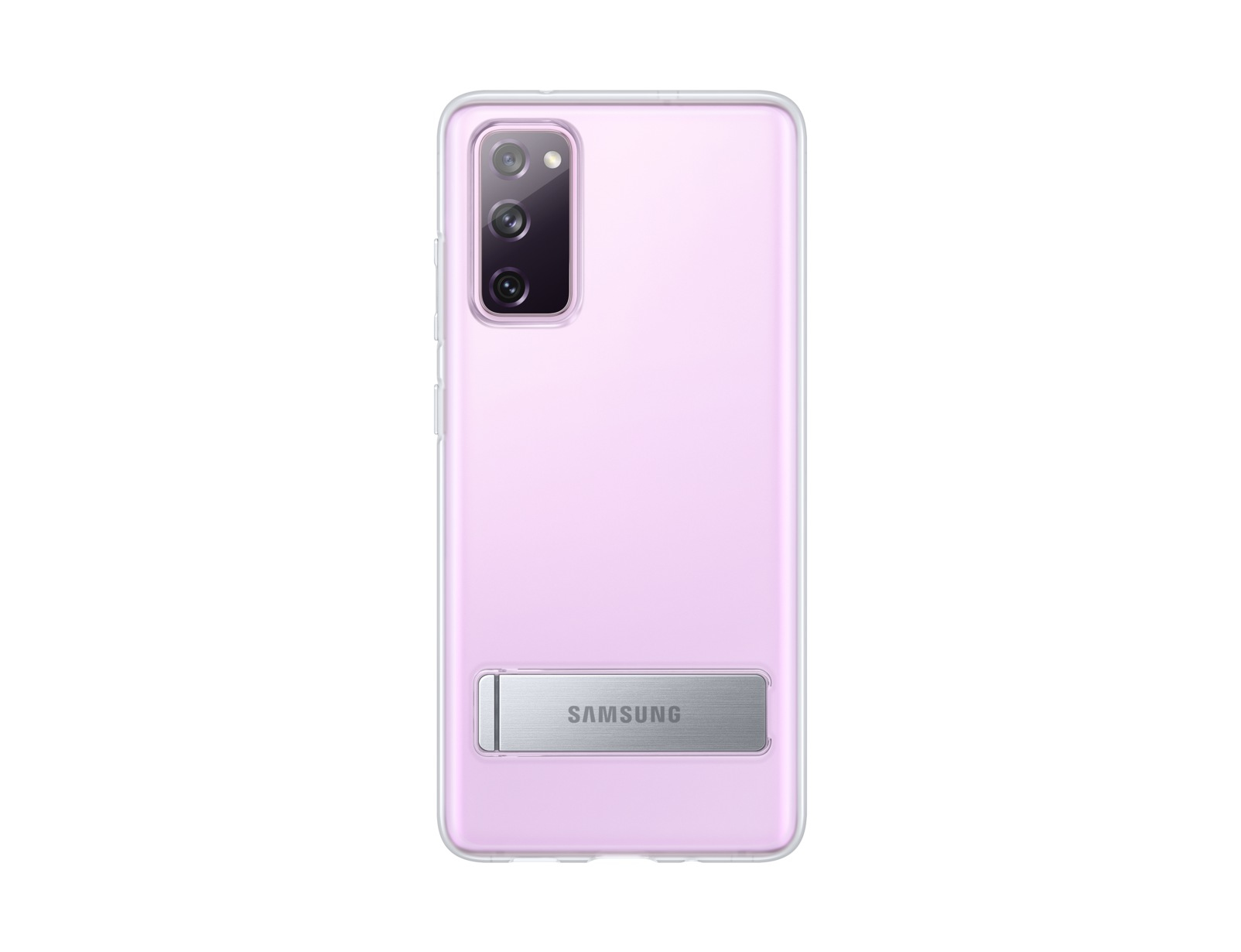 Rosa Handyhülle mit silbernem Ständer auf der Rückseite, mit Telefon, isoliert auf Weiß.