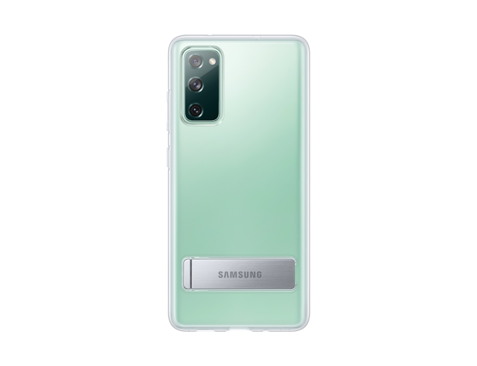 Eine mintgrüne Handyhülle mit klarem Ständer und Samsung-Logo.