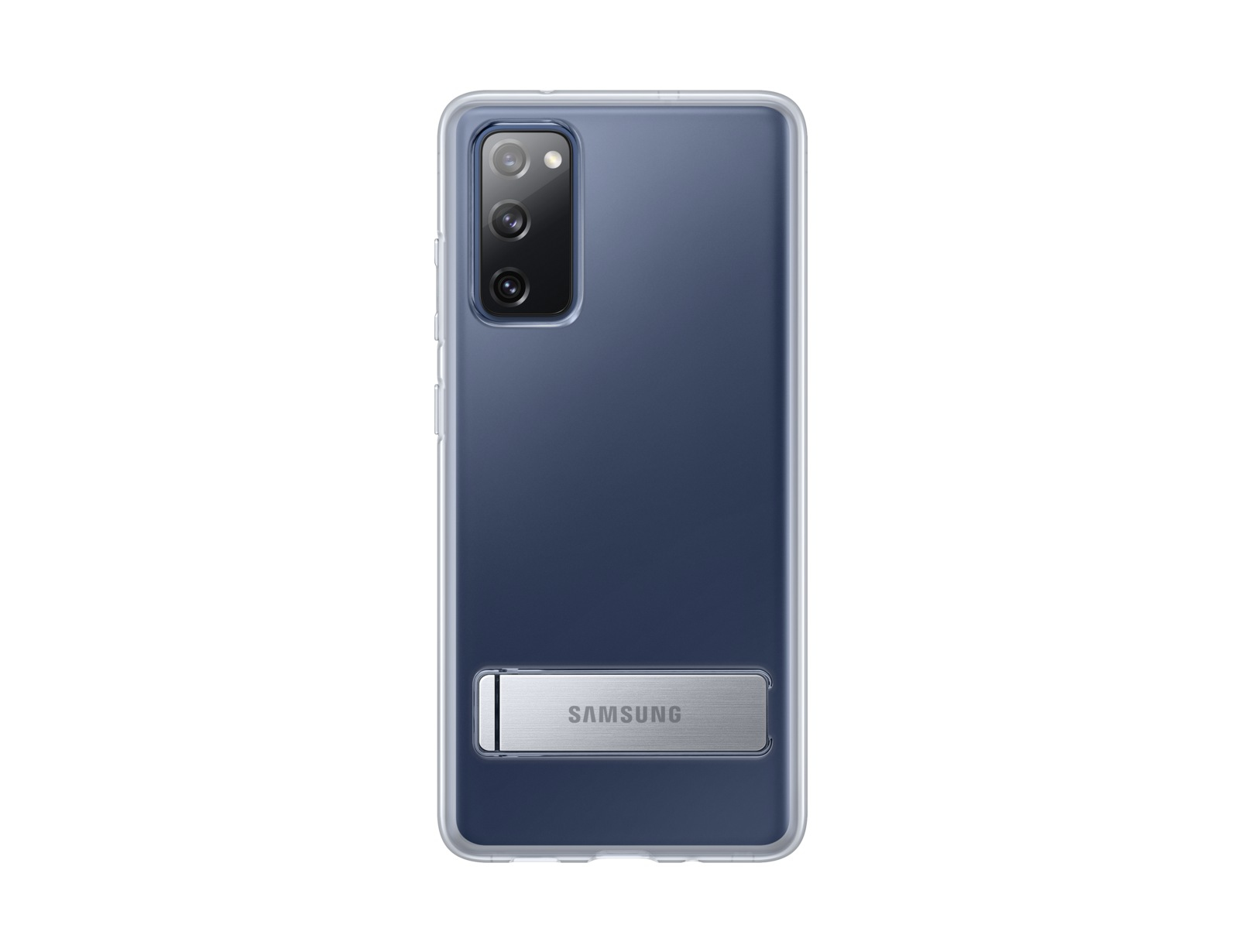 Ein Samsung-Telefon mit einer durchsichtigen Hülle und einem silbernen Ständer. Das Telefon ist blau.