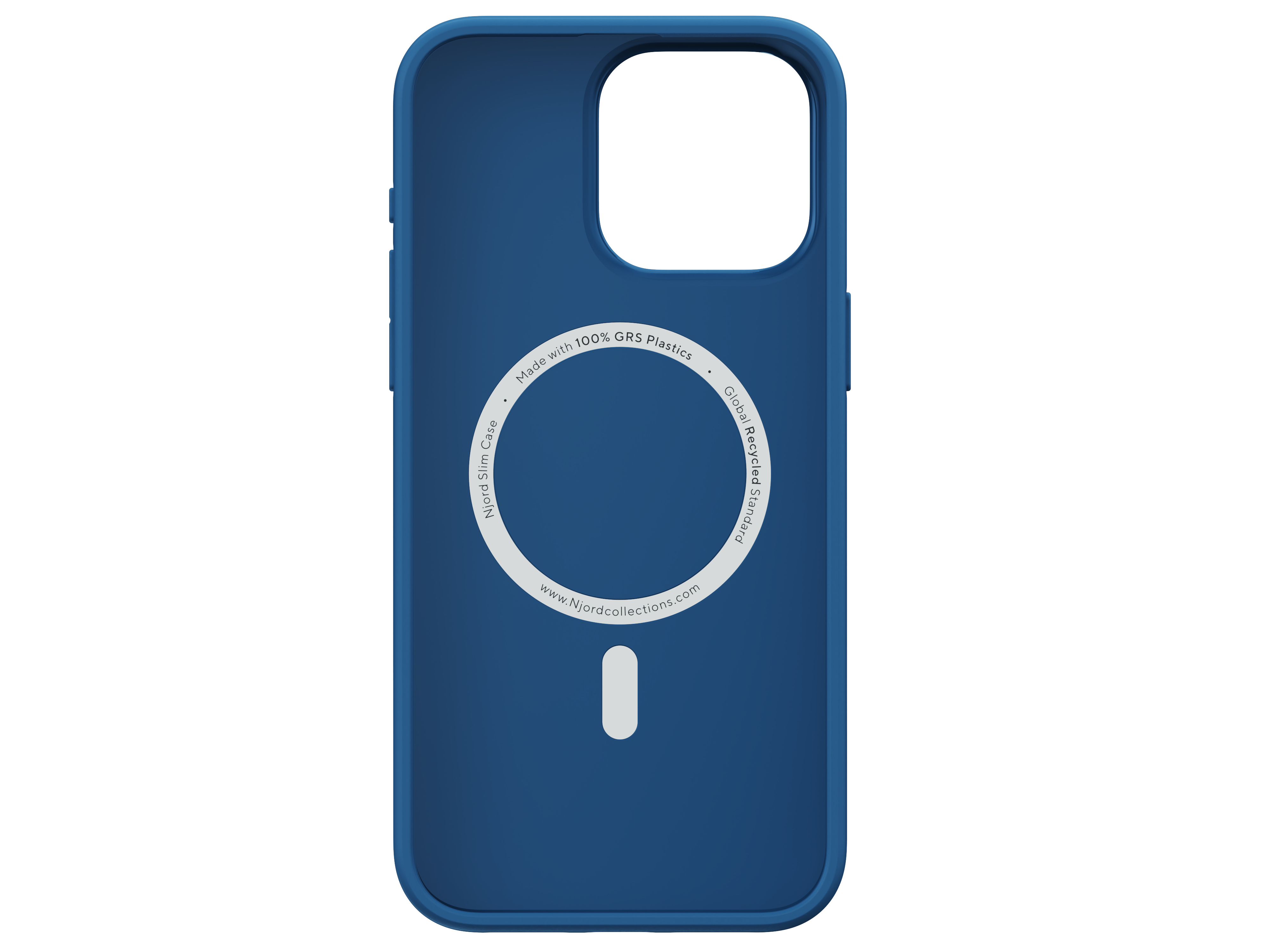 Custodia blu per telefono con cerchio bianco all'interno. Sfondo bianco. La custodia è aperta, mostrando l'interno.