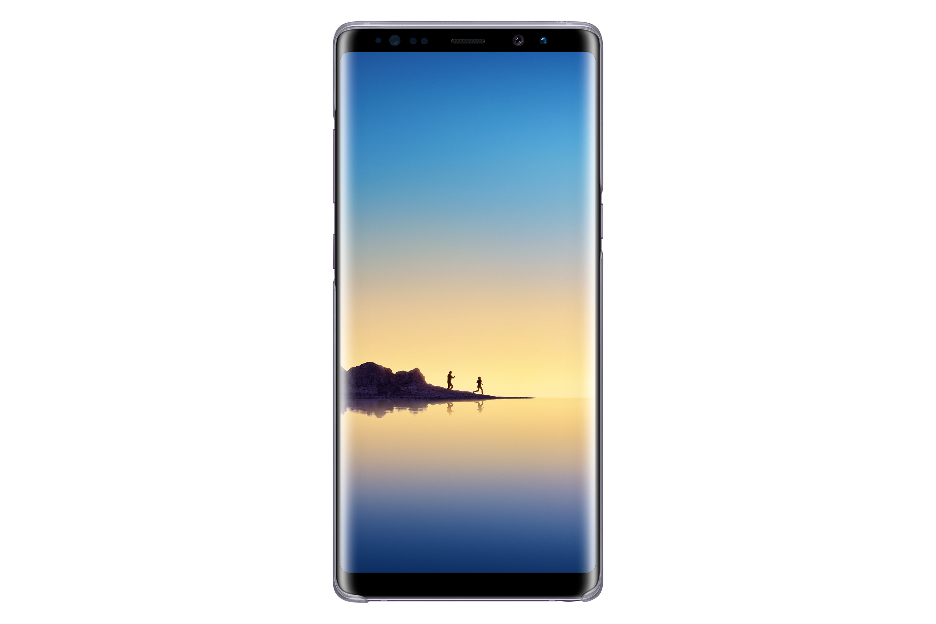 Telefono Samsung con schermo blu, con immagine di paesaggio con due figure.