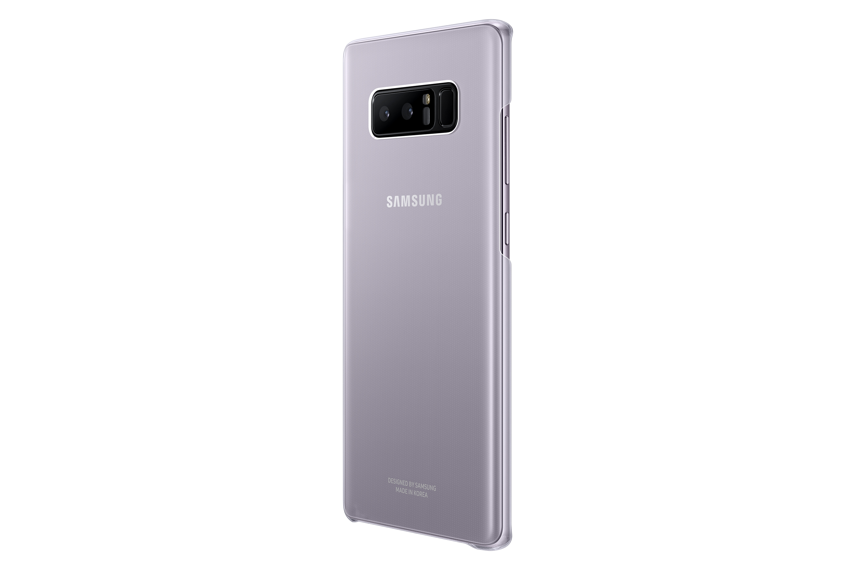 Custodia viola per telefono Samsung. Sfondo bianco. Vista posteriore. Logo Samsung visibile.