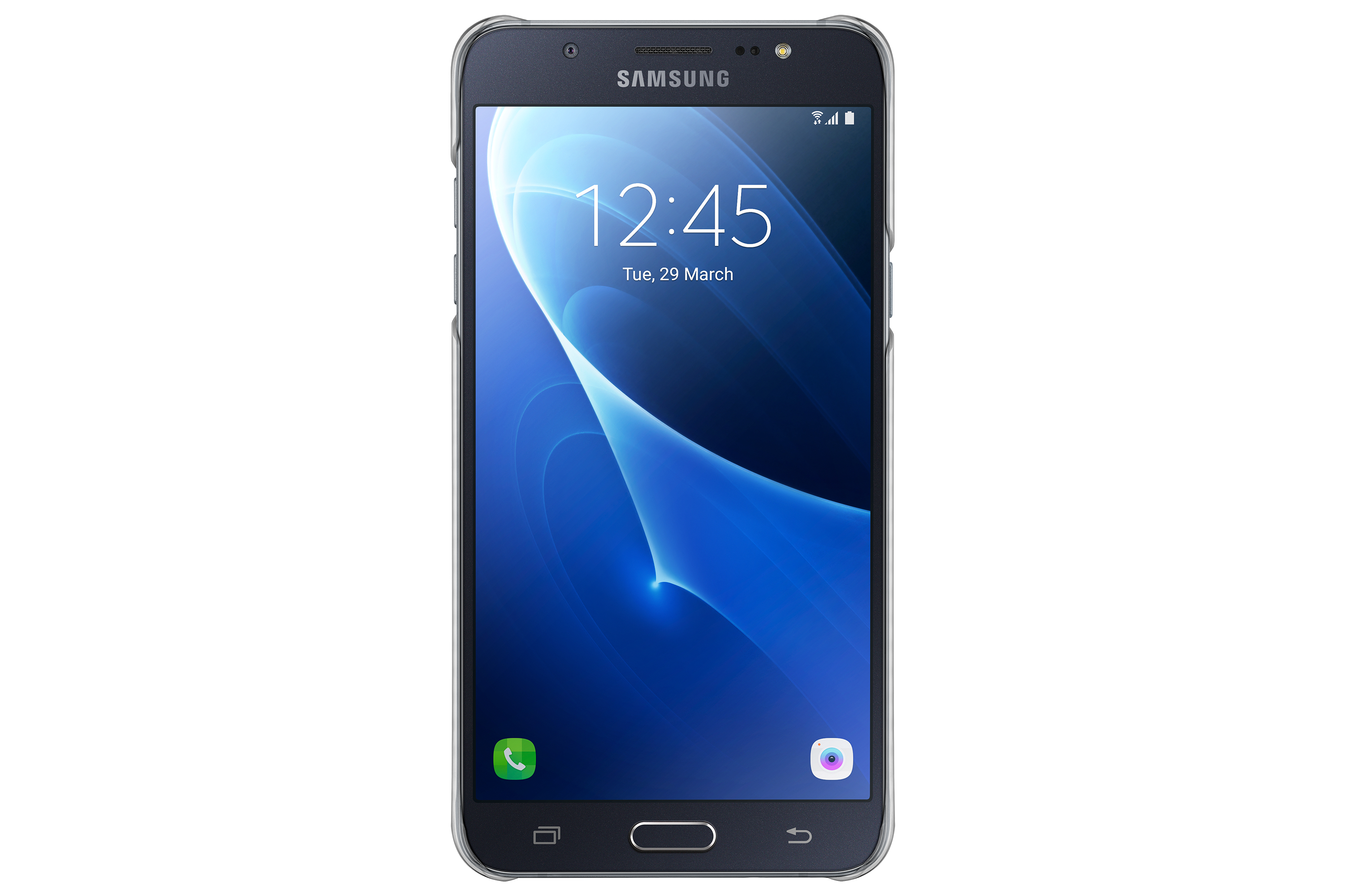 Smartphone Samsung nero su sfondo bianco, ora visualizzata. Lo schermo mostra 12:45, martedì 29 marzo.