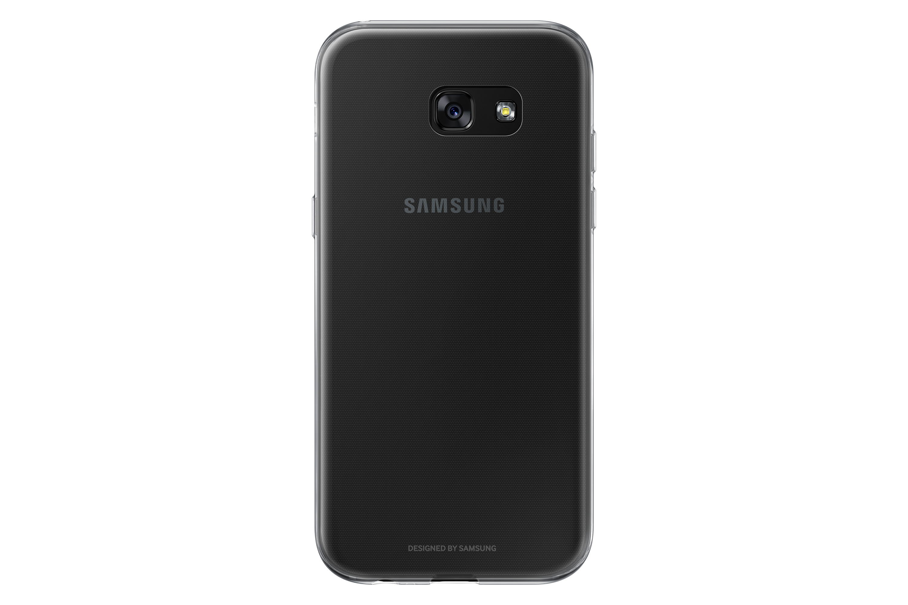 La parte trasera de un teléfono Samsung negro con cámara y logotipo, en una funda transparente.