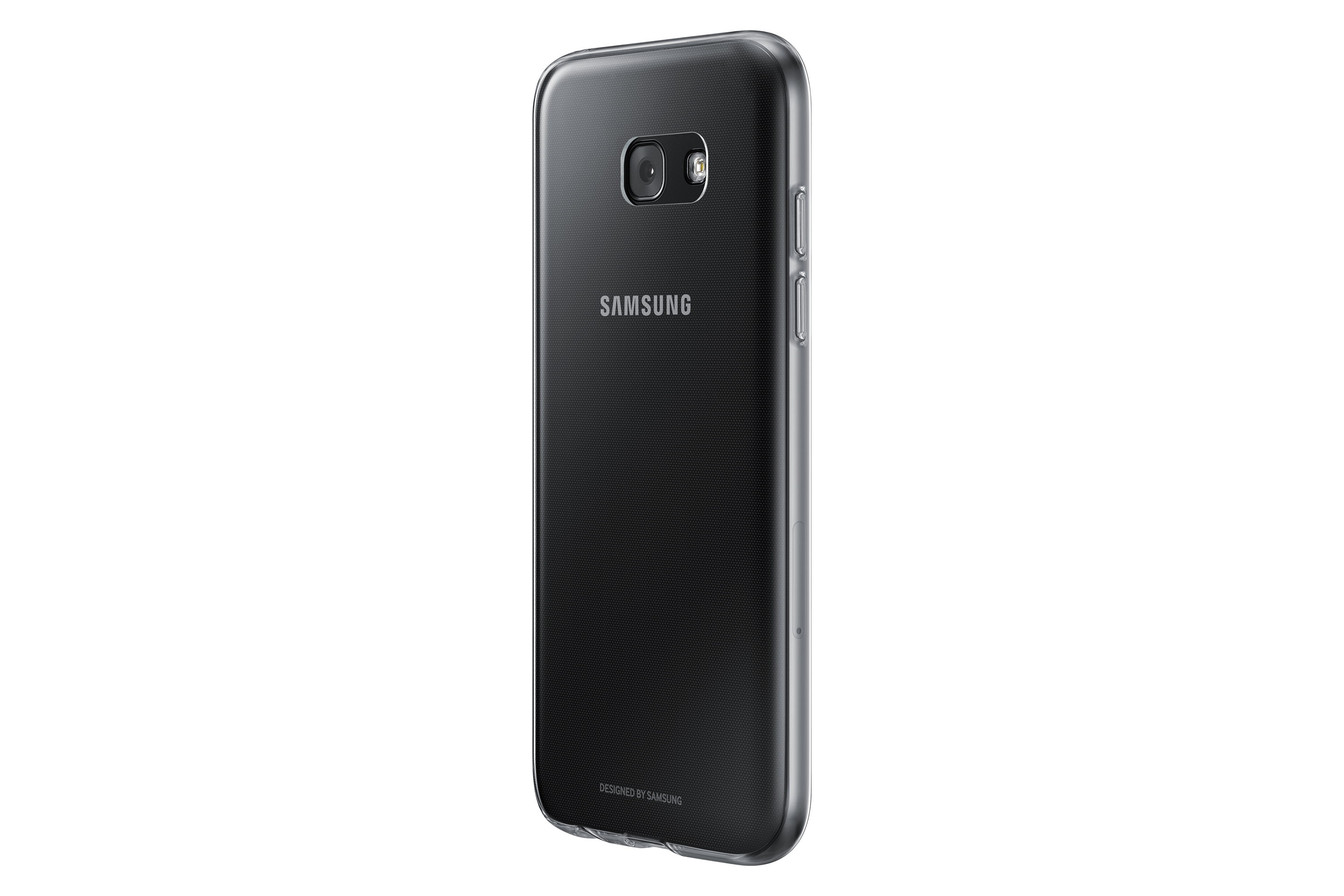 Un teléfono Samsung negro en una funda transparente, mostrando la parte trasera.