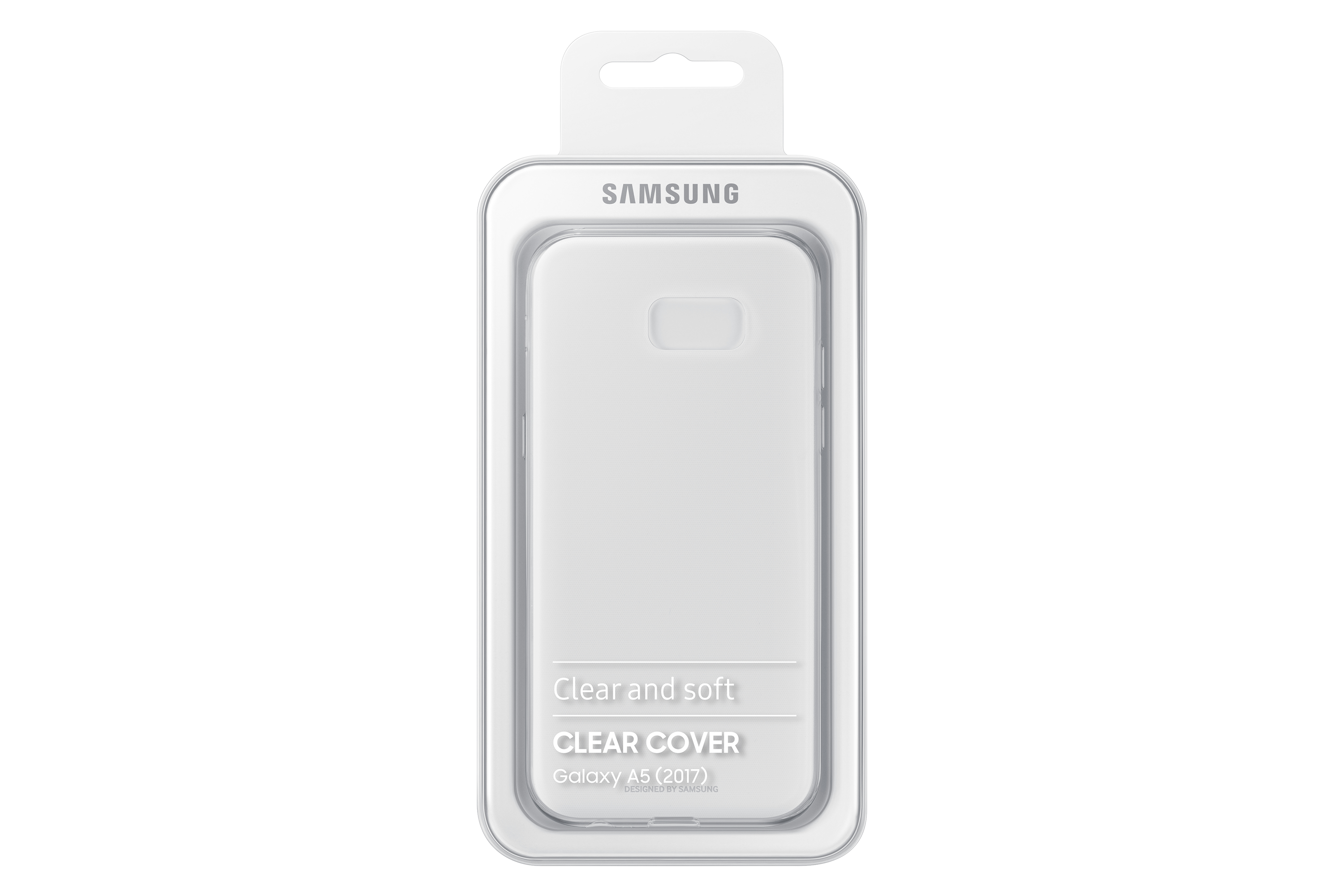 Embalaje blanco de la funda del teléfono con una funda transparente en el interior. El embalaje dice 'Clear and soft' y 'Galaxy A5 (2017)'.