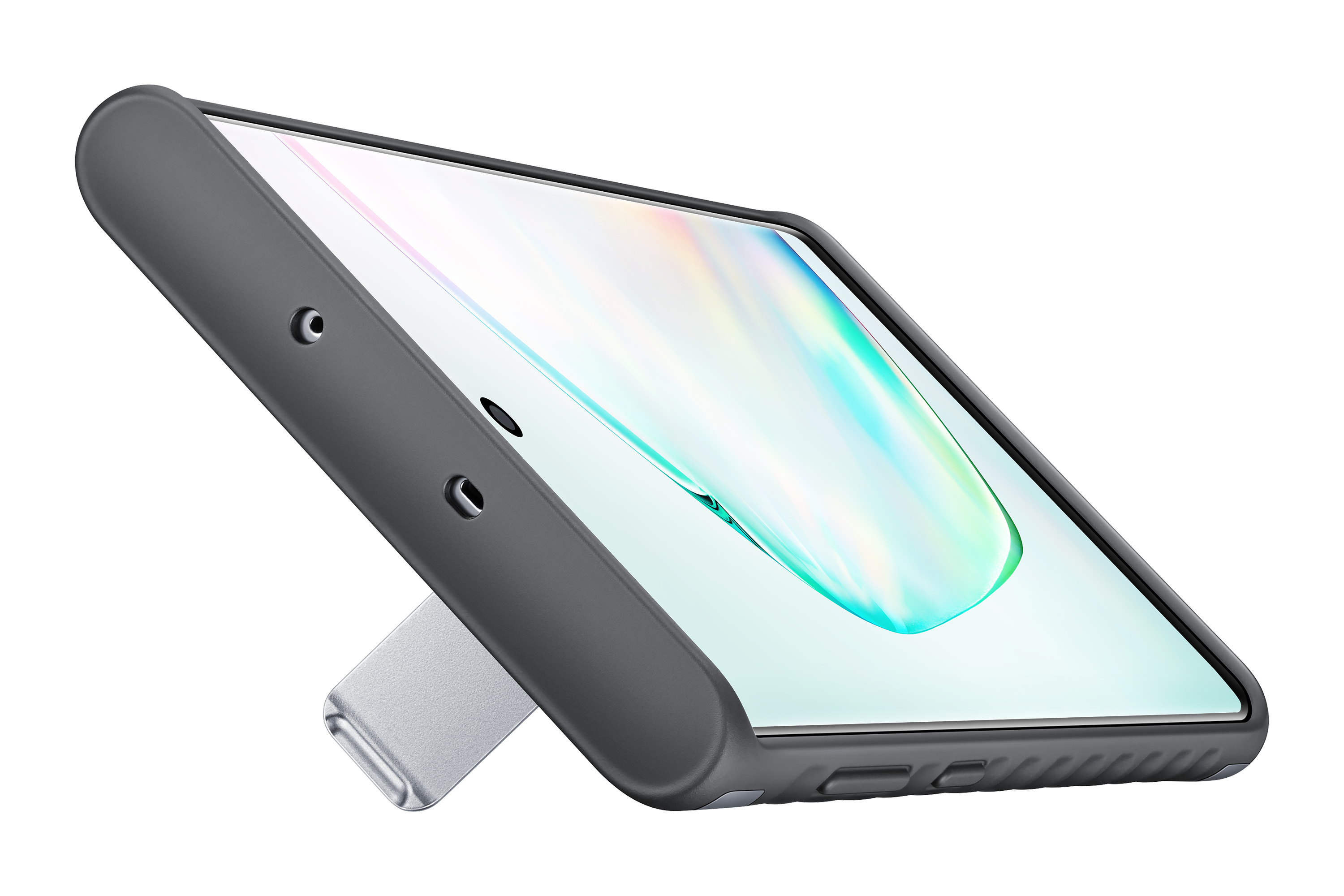 Ein Smartphone in einem grauen Gehäuse wird von einem silbernen Ständer gehalten. Der Bildschirm hat bunte Reflexe.