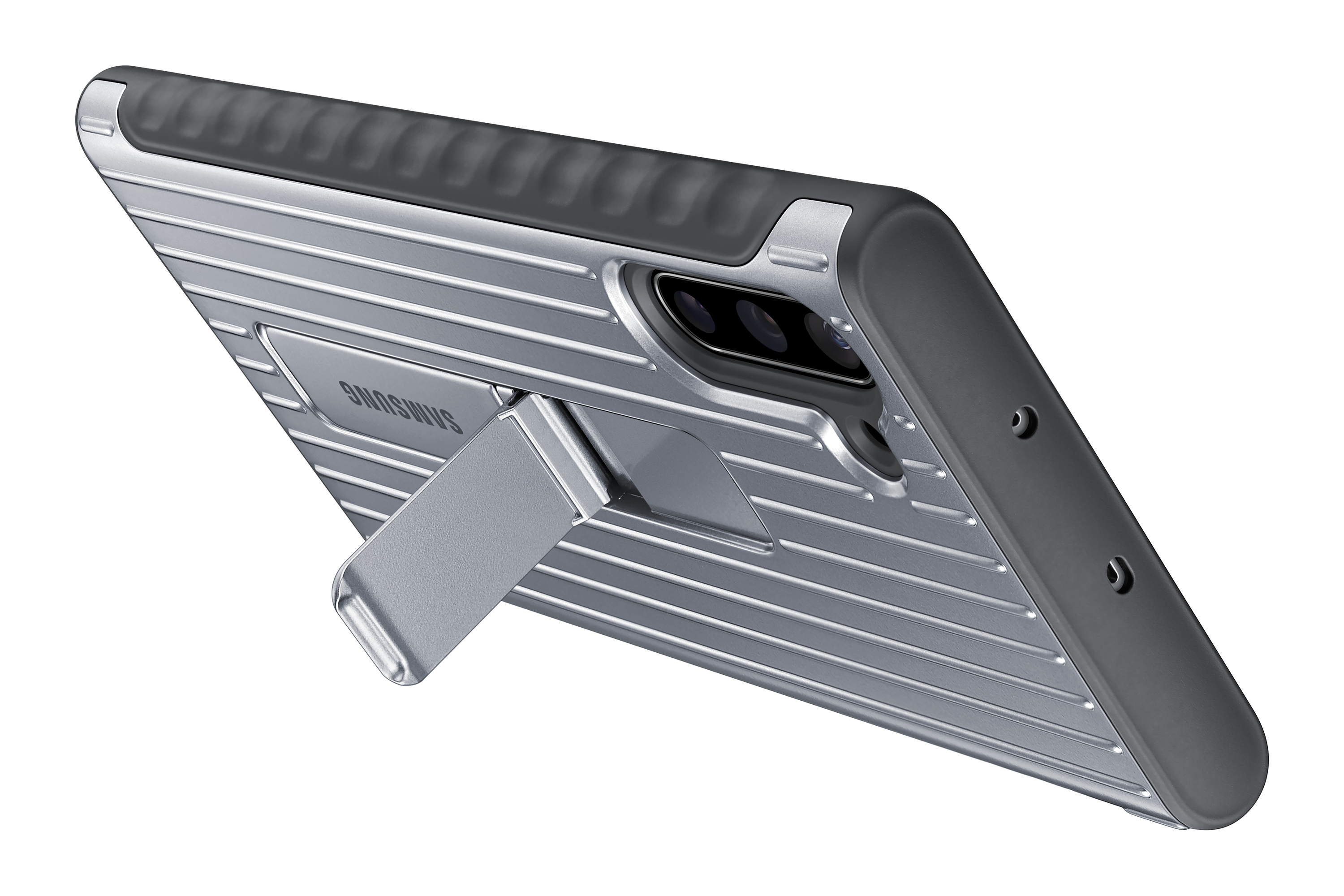 Silberne Handyhülle mit Ständer. Die Hülle hat horizontale Linien und eine dunkelgraue Oberseite. SAMSUNG-Logo sichtbar.