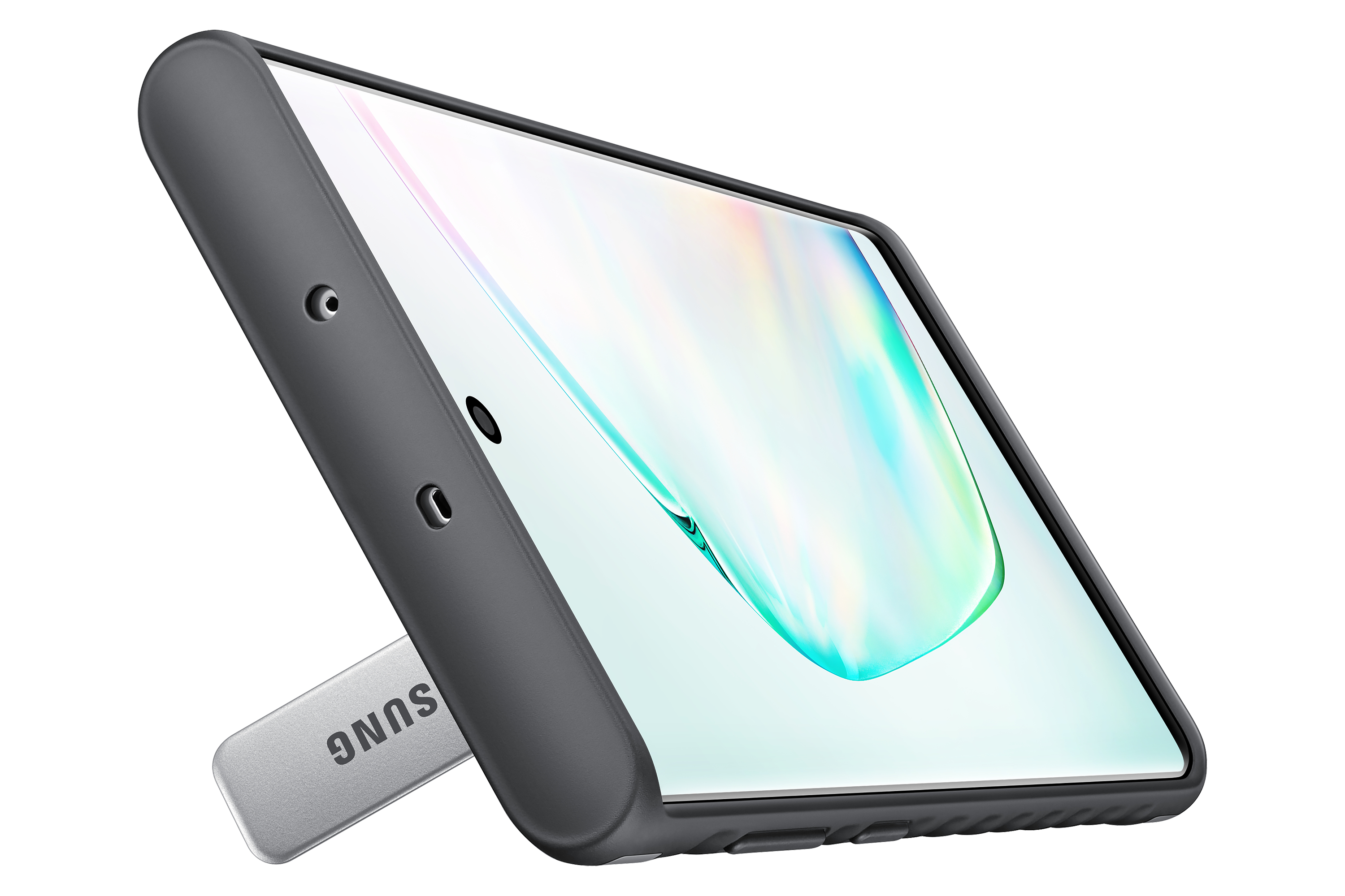 Ein Smartphone in einer grauen Hülle mit Ständer. Der Bildschirm zeigt ein farbenfrohes, irisierendes Muster.