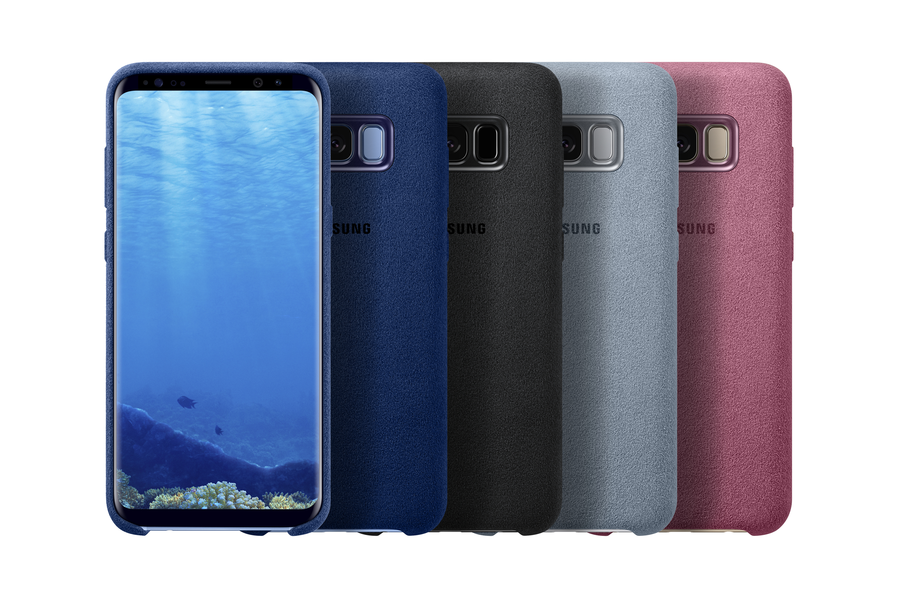 Quattro custodie per telefoni Samsung in blu, nero, grigio e rosa. Il display del telefono mostra un mare blu.