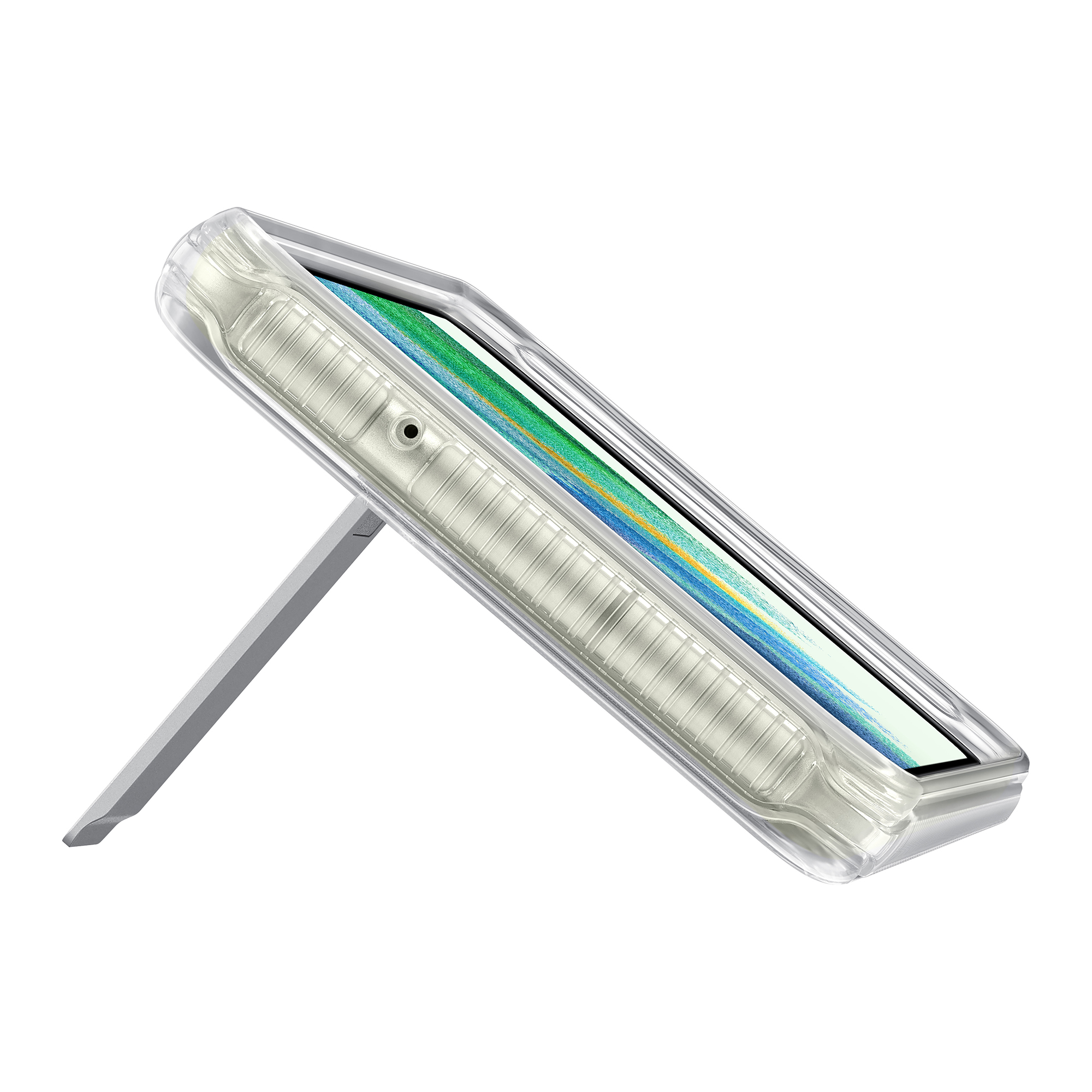 Telefoon in een doorzichtige hoes met een standaard, van opzij bekeken.