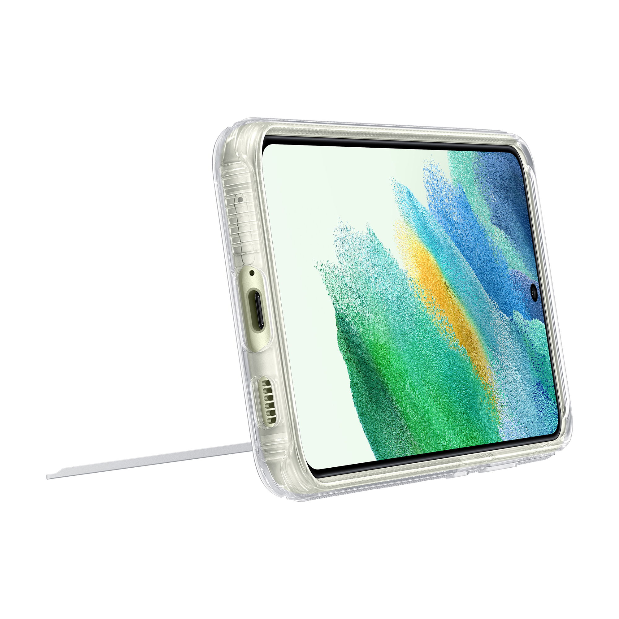 Een telefoon in een doorzichtige hoes staat met zijn scherm zichtbaar.