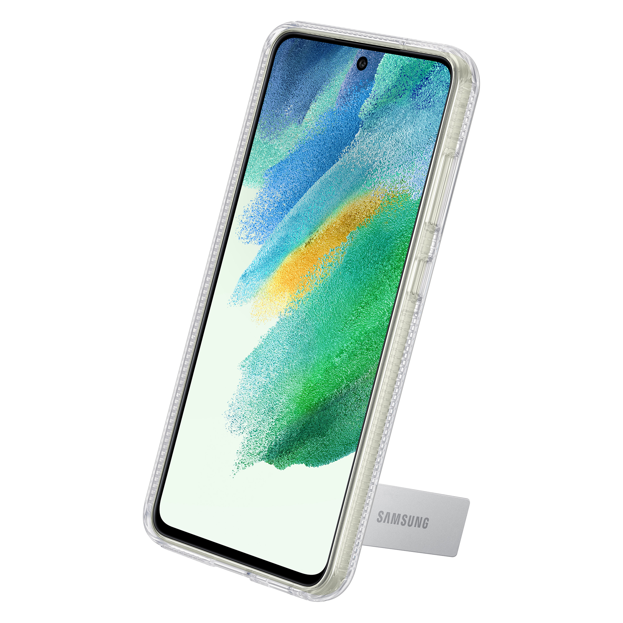 Een telefoon met een doorzichtige hoes op een standaard, met een kleurrijke achtergrond en het Samsung logo.