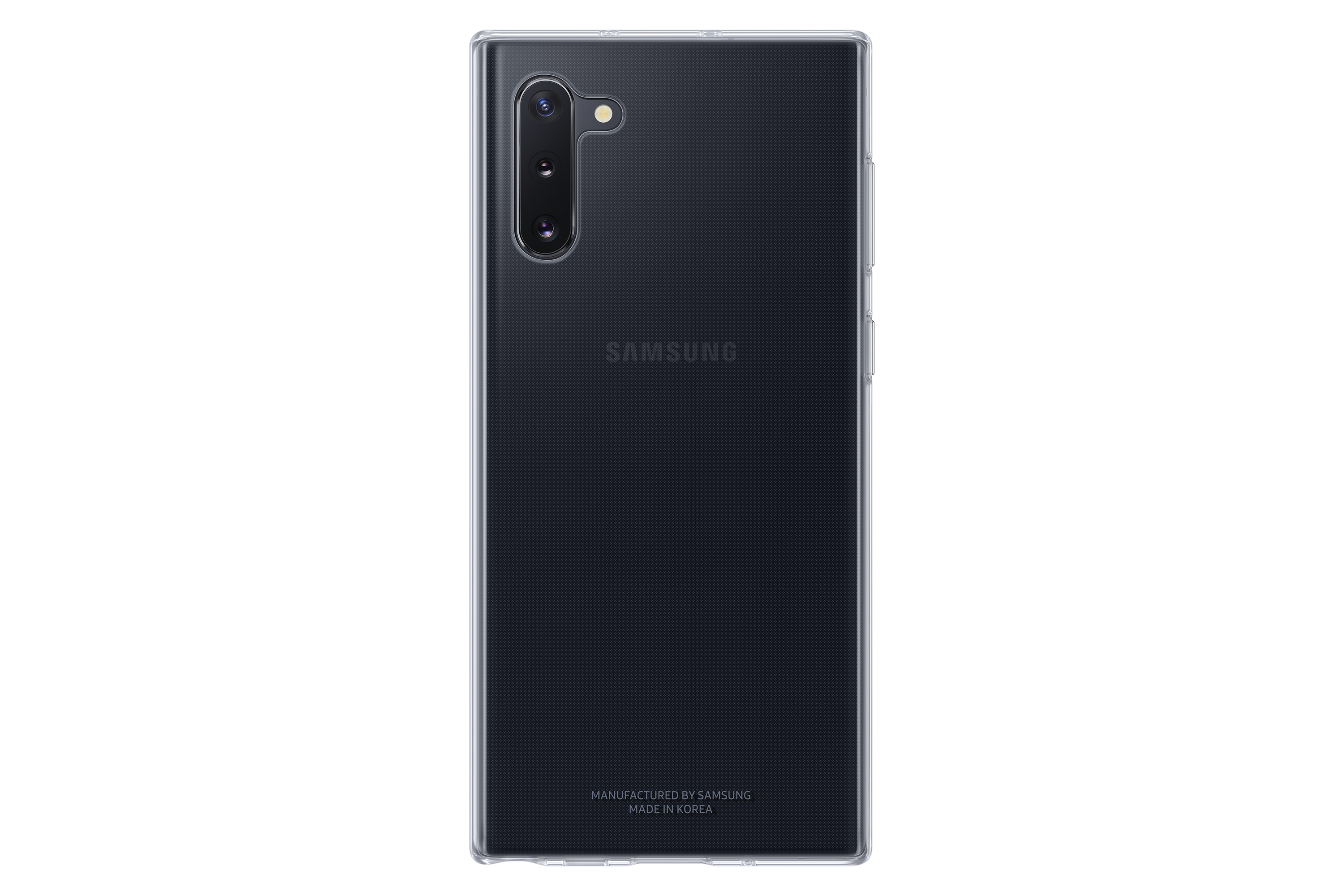 Retro di un telefono Samsung nero. Fotocamera, logo Samsung e custodia protettiva trasparente.