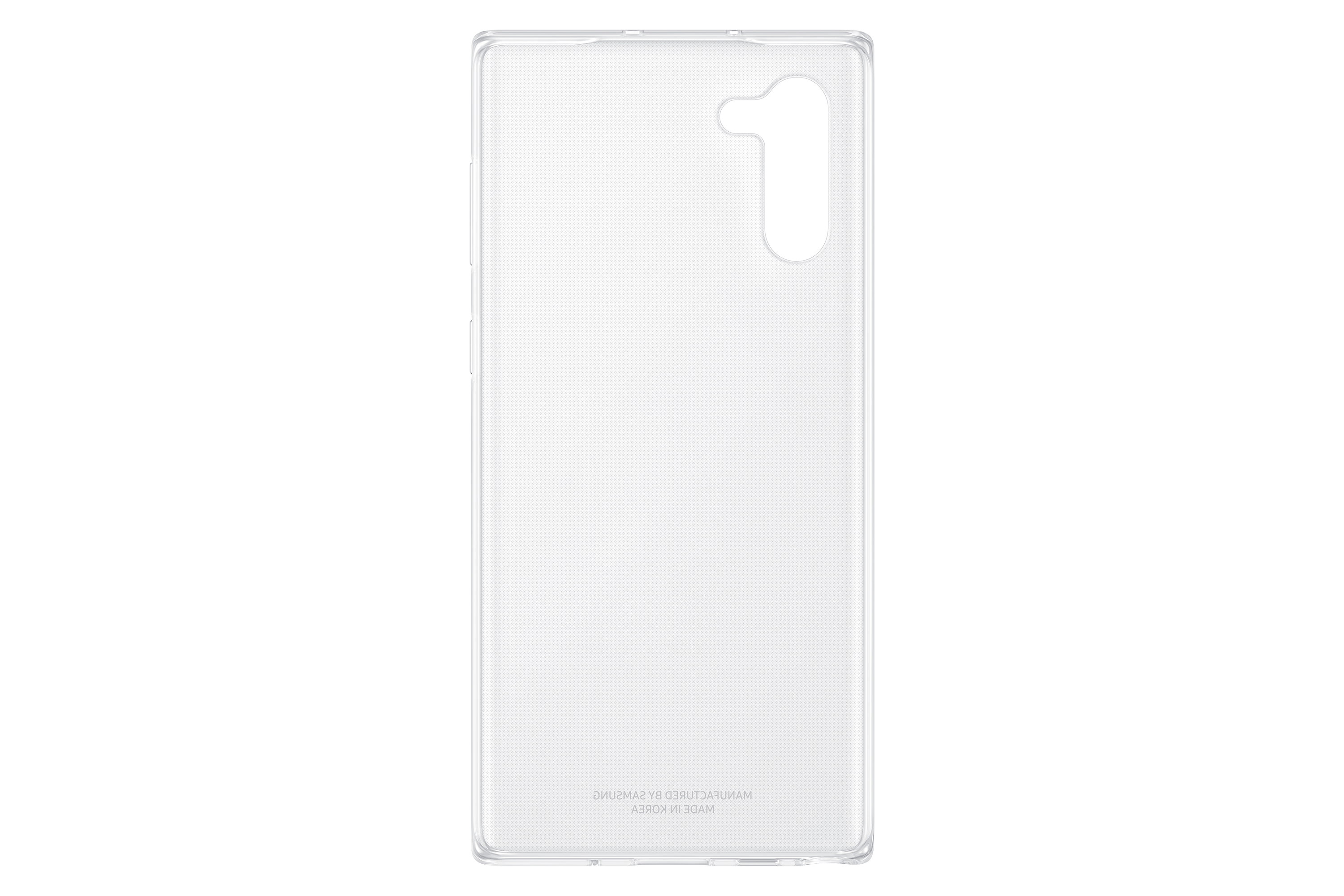 Custodia trasparente per telefono Samsung, rettangolare con ritaglio per fotocamera e fori per i pulsanti.