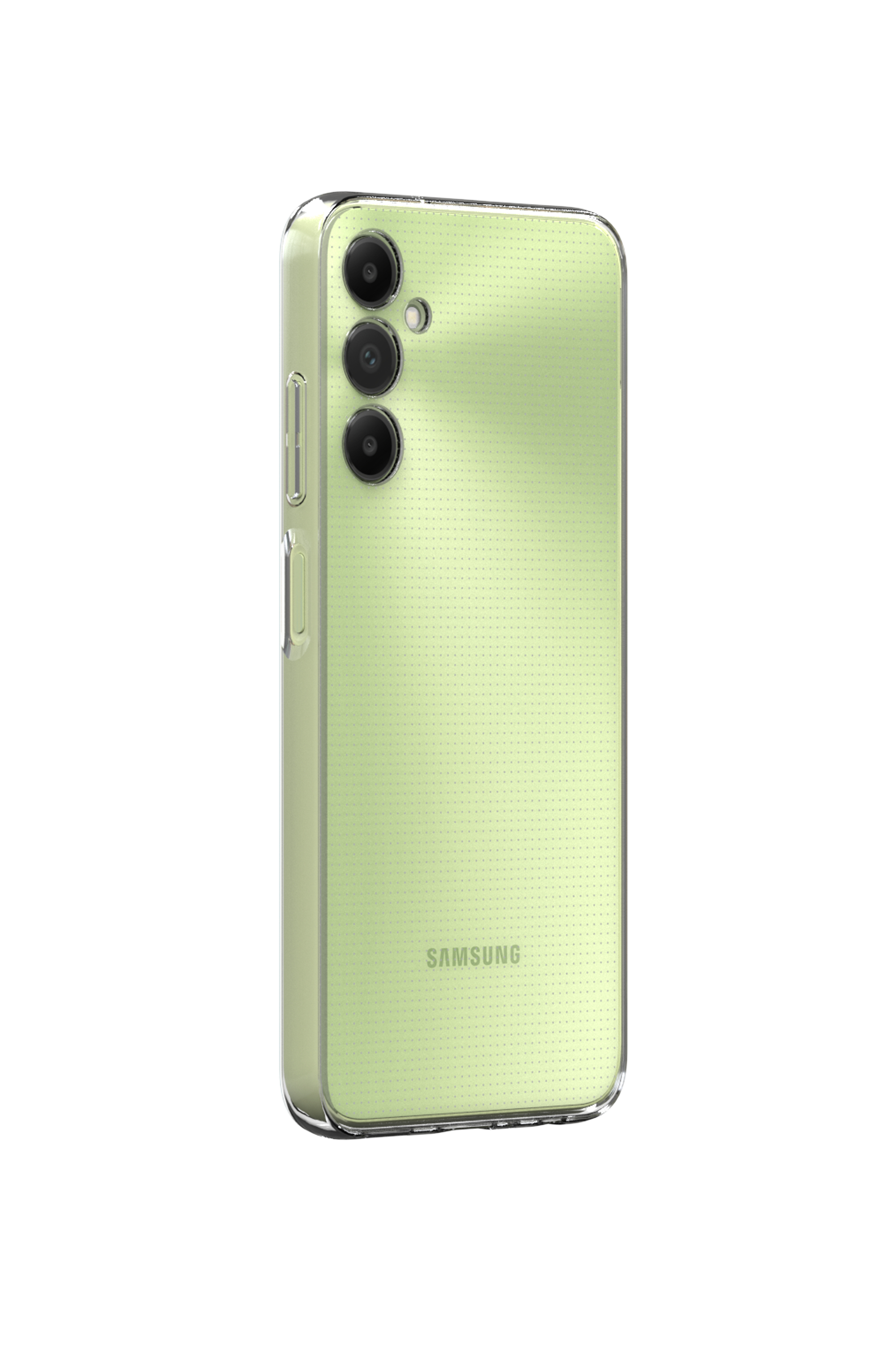 Un teléfono verde con tres cámaras y una funda transparente. La marca Samsung es visible.