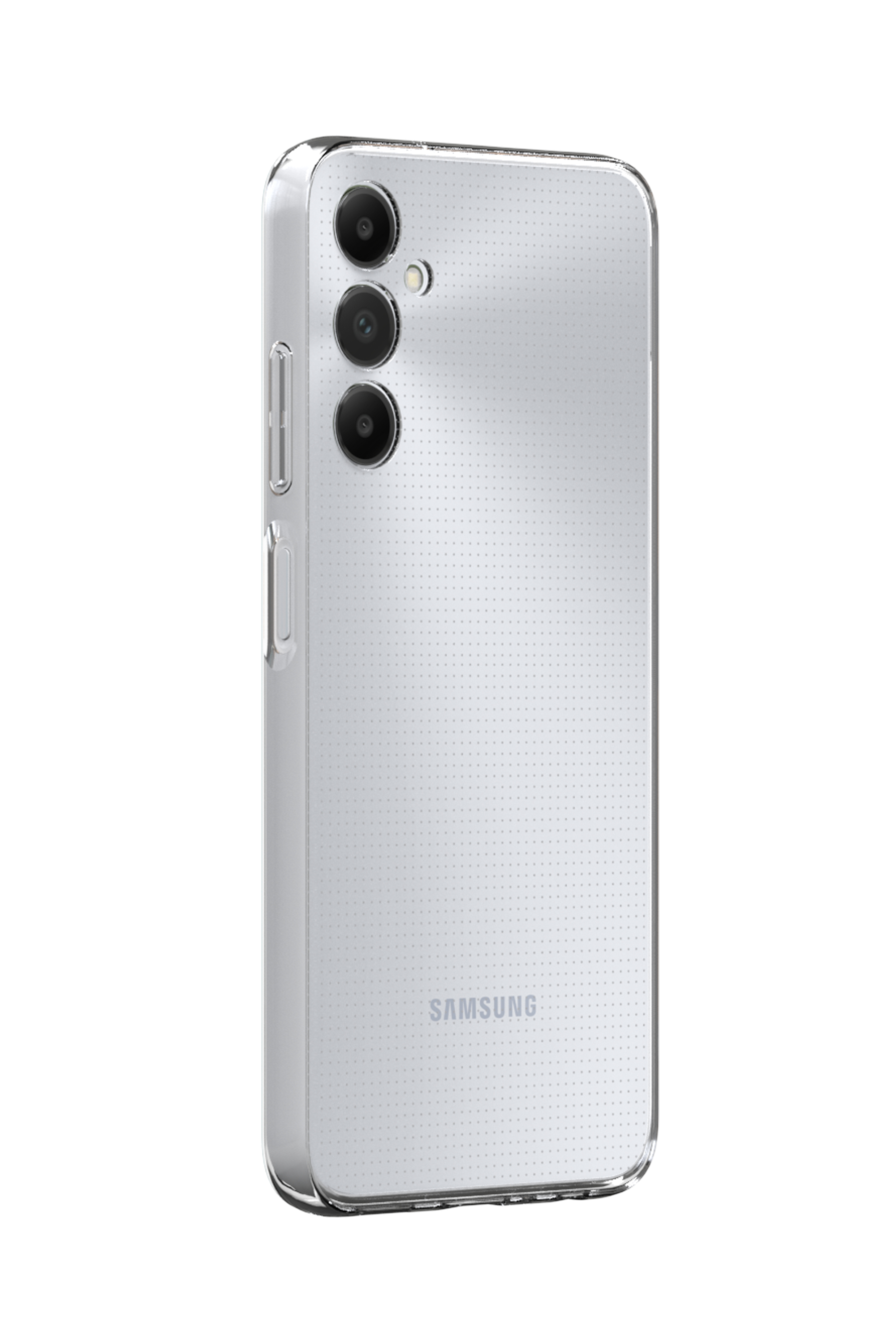 Funda transparente en un teléfono blanco. Se ven tres lentes de cámara.