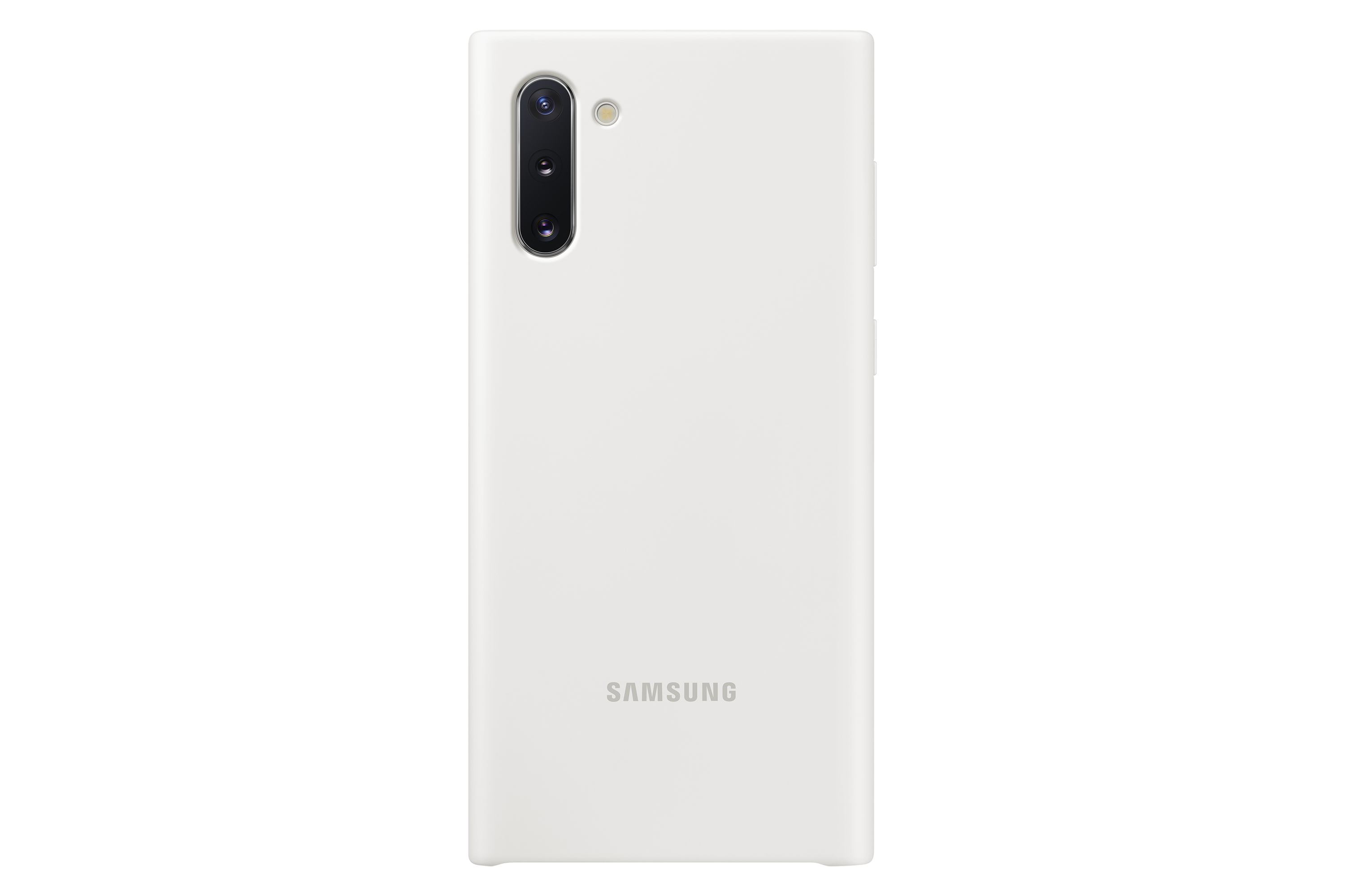 Weiße Handyhülle mit Telefon. Samsung-Text unten.