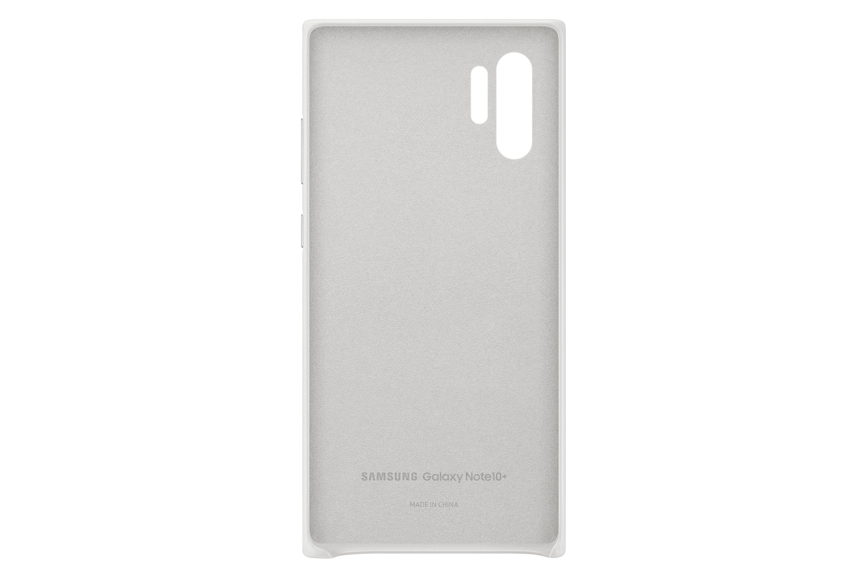 Weiße Handyhülle, Innenansicht. Der Text lautet SAMSUNG Galaxy Note10+. Hergestellt in China.