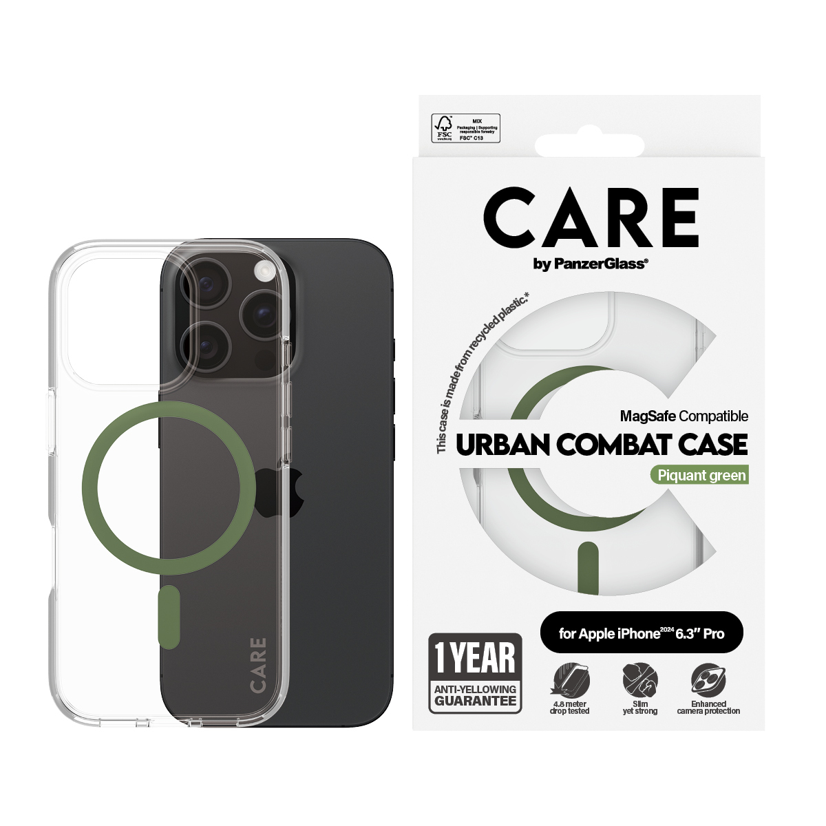 Ein Telefon in einer transparenten Hülle mit grünen Details, neben einer Box mit ähnlichem Design und Text.