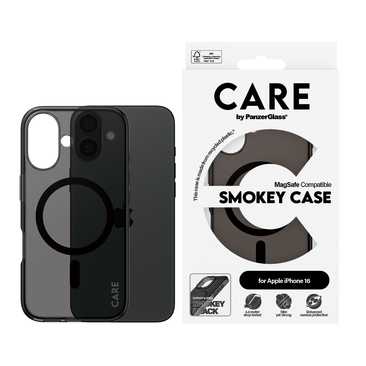 Un telefono in una custodia trasparente con un design nero, accanto a una scatola con design e testo simili.