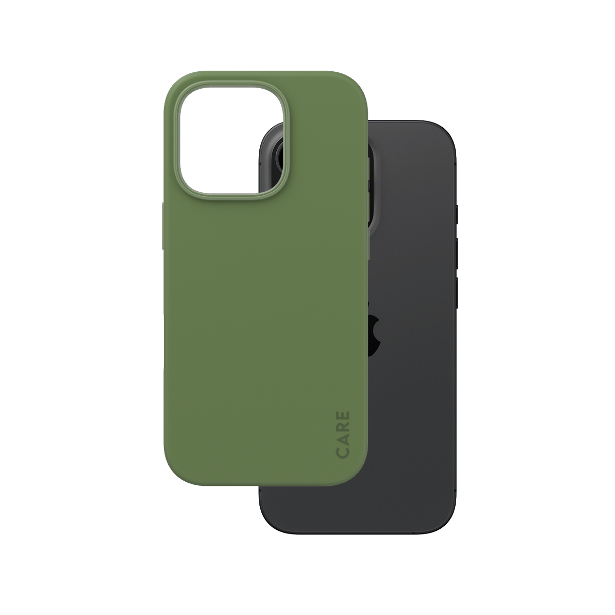 Custodia per iPhone verde oliva sopra un iPhone nero. Logo CARE in basso. Il telefono è nero. La custodia è verde.