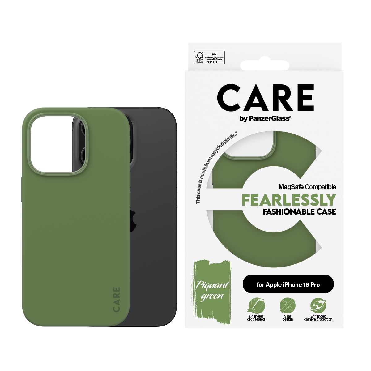 Custodia verde e un iPhone nero. Scatola bianca sullo sfondo con testo.