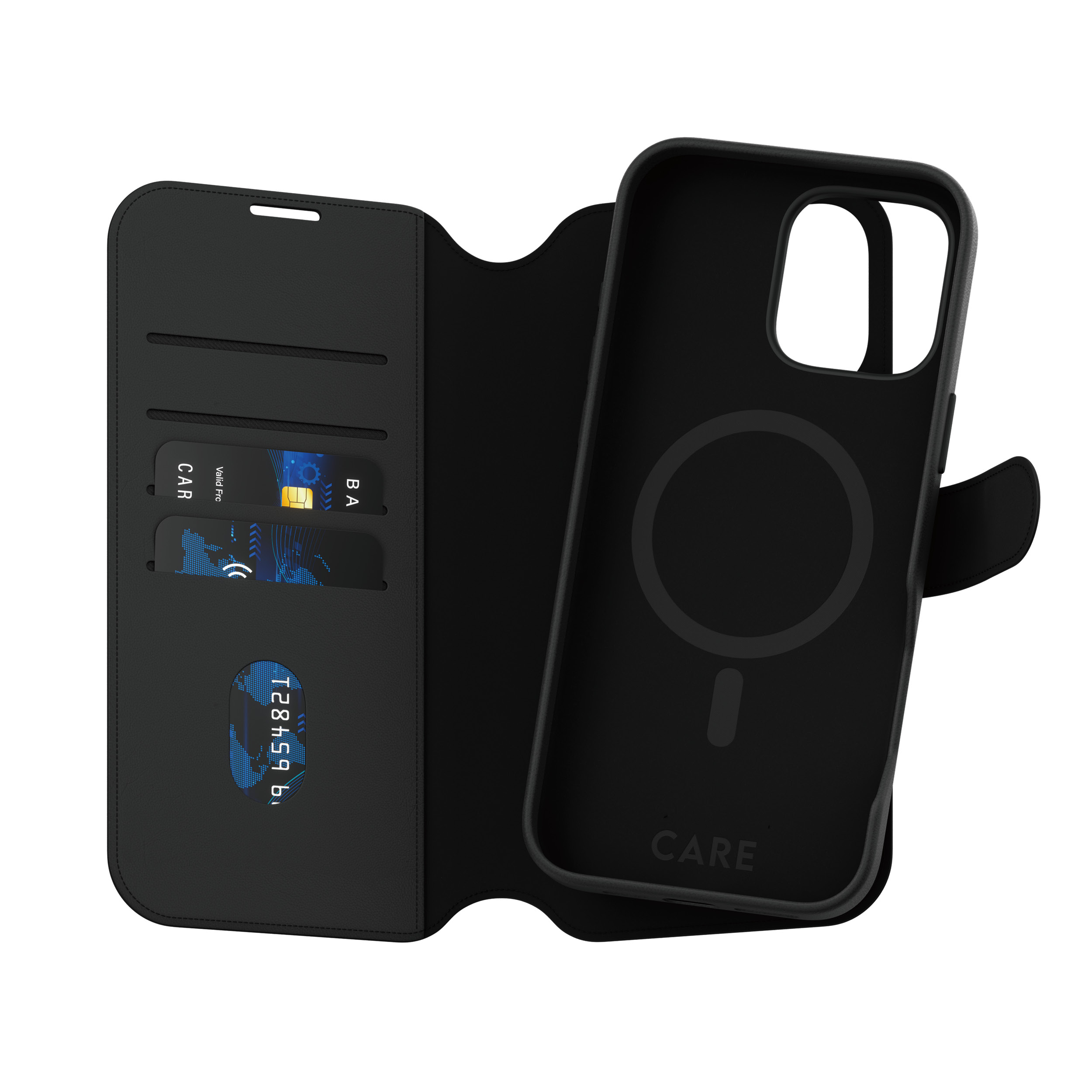 Custodia nera con portafoglio, con carte. Aperta, mostra fessure per carte e custodia.