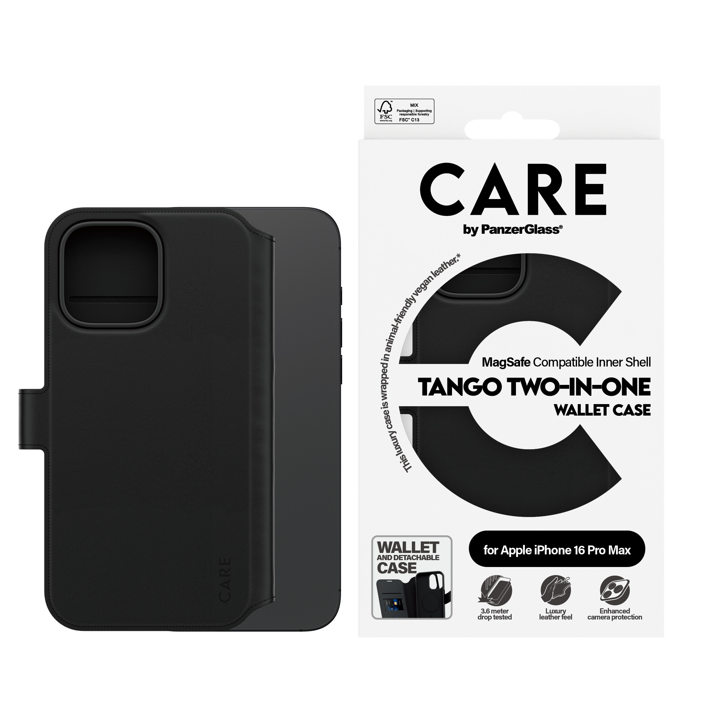 Custodia nera per telefono con portafoglio e scatola. Il testo sulla scatola dice 'CARE' e 'TANGO TWO-IN-ONE WALLET CASE'.