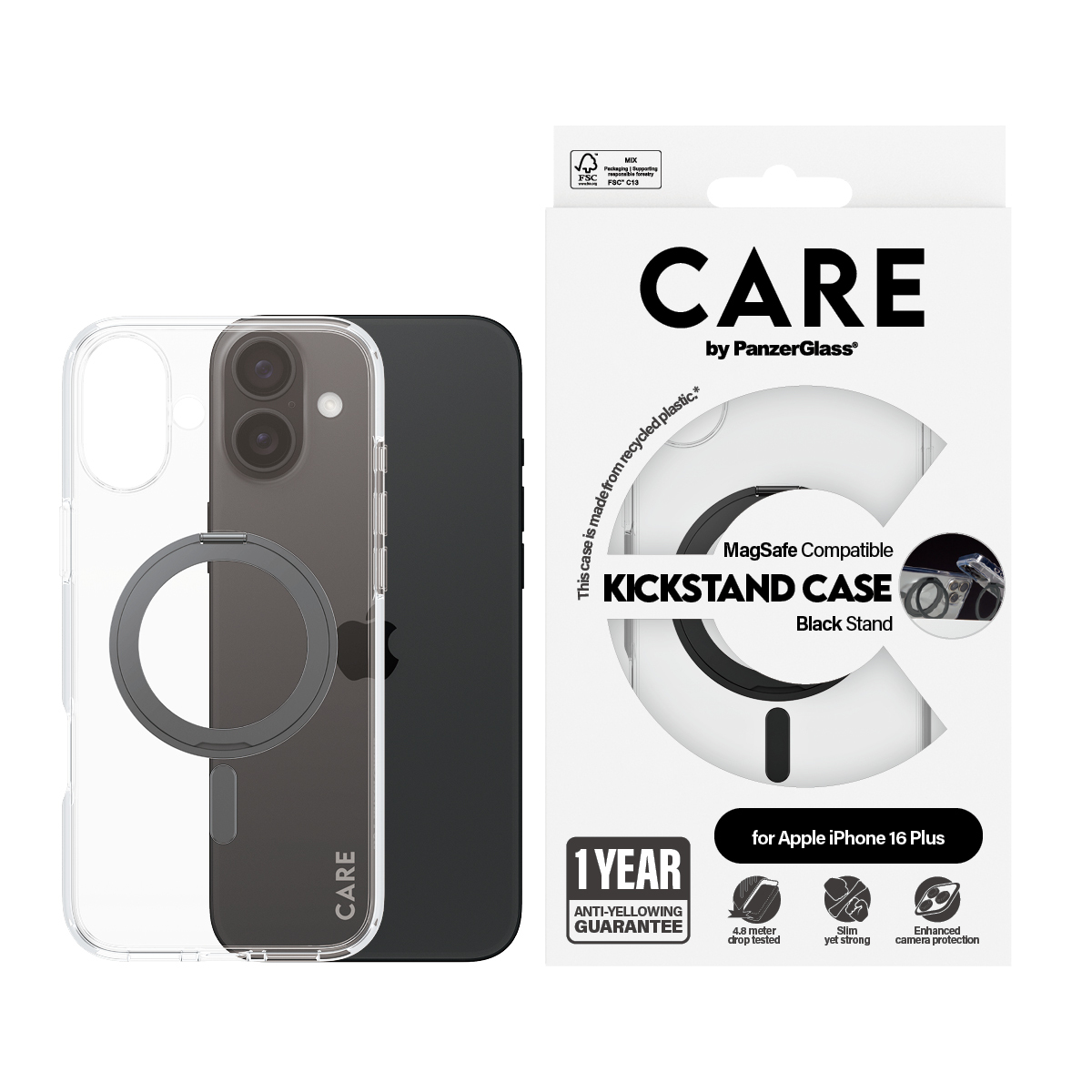 Custodia trasparente per iPhone con anello MagSafe nero, iPhone e scatola. Testo: Kickstand.