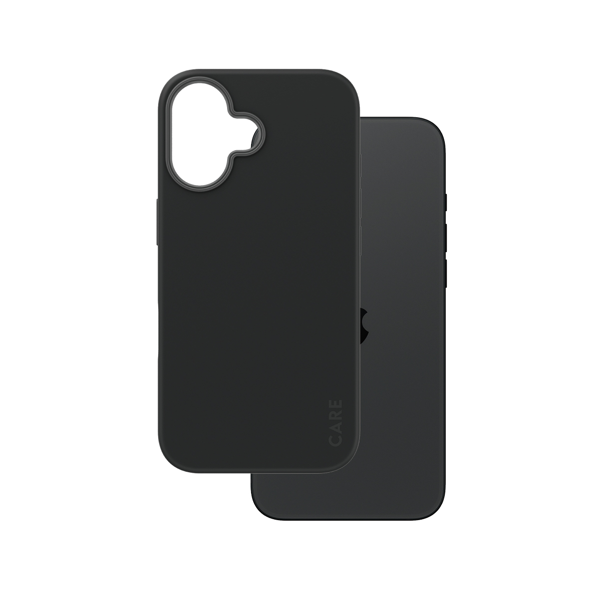 Custodia nera per telefono, con ritaglio per la fotocamera, posizionata su un telefono.