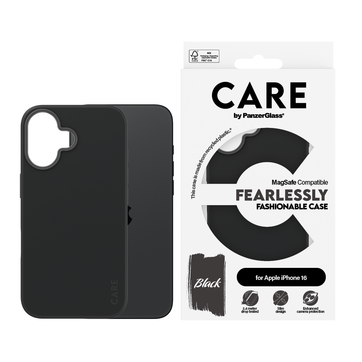 Custodia e scatola iPhone nere, sfondo bianco. Testo sulla scatola: CARE, Fearlessly fashionable case.