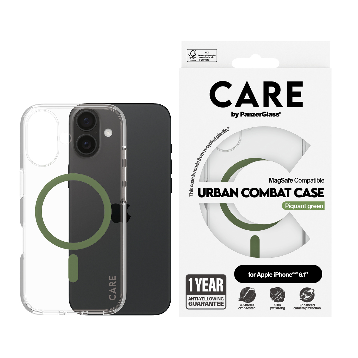 Yeşil daire tasarımlı şeffaf telefon kılıfı. Kılıf siyah bir telefon ve beyaz bir kutunun üzerinde. 'CARE' yazıyor.