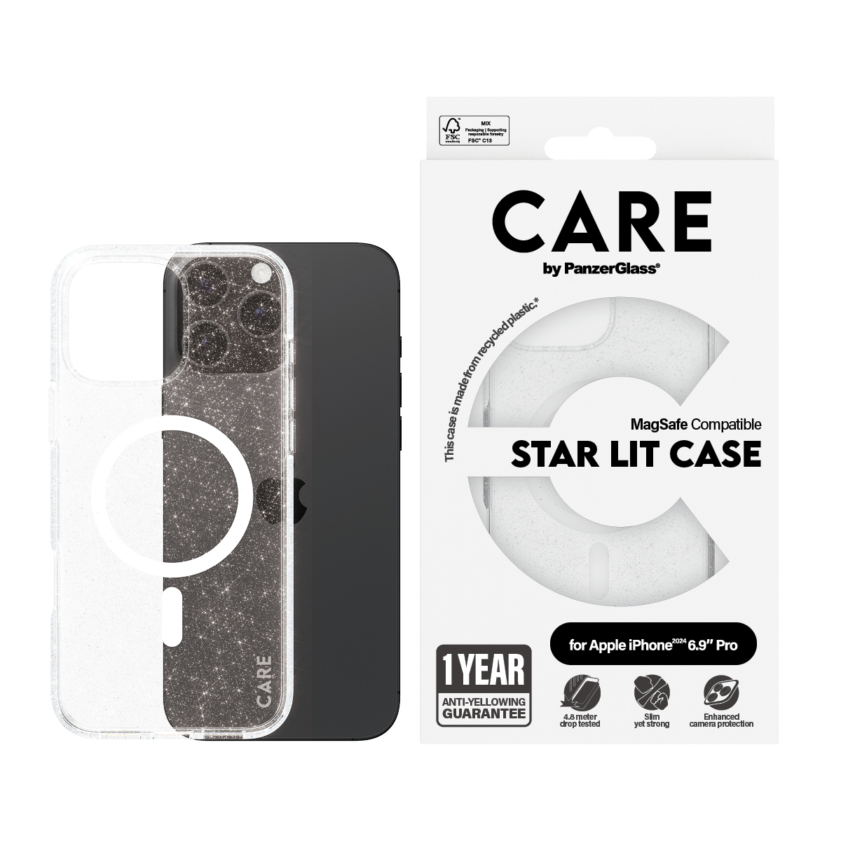 Custodia trasparente per iPhone con anello MagSafe glitterato, iPhone e scatola. Testo: Star Lit.