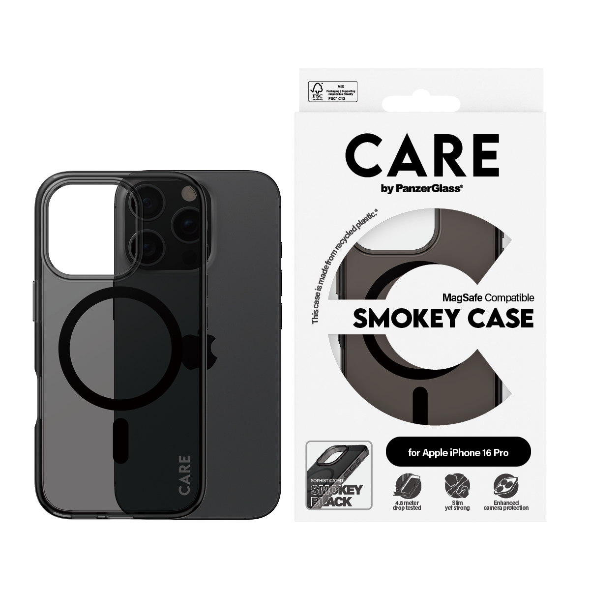 Una custodia nera per telefono con un telefono nero e una scatola bianca. Testo: CARE by PanzerGlass.